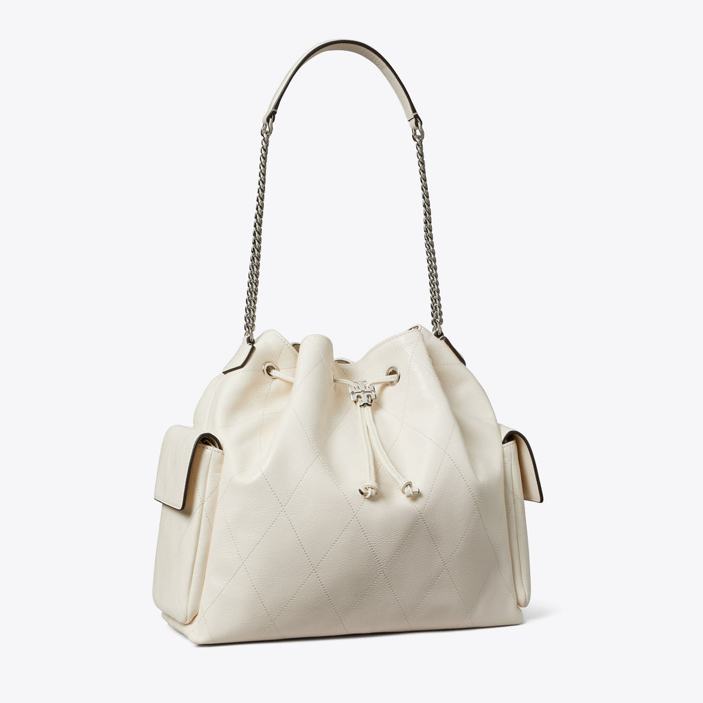 Tory Burch Large Charlie Quilted Drawstring Shoulder Bag - Light Cream