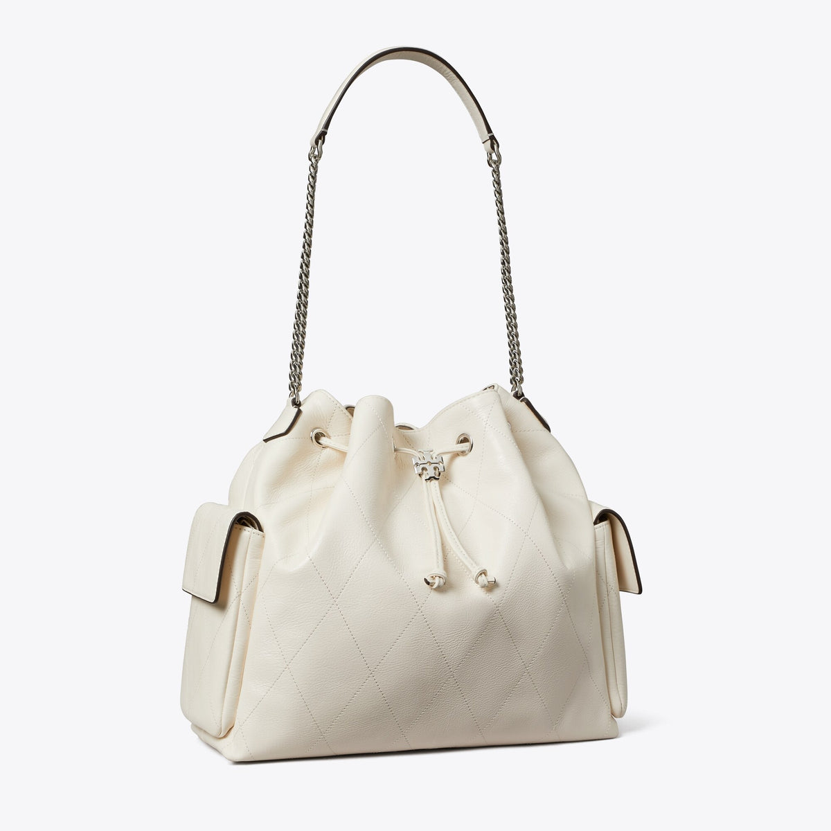 Tory Burch Large Charlie Quilted Drawstring Shoulder Bag - Light Cream