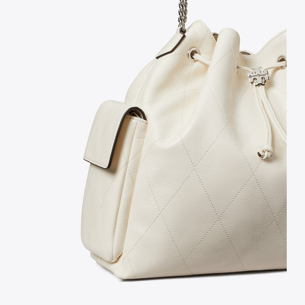 Tory Burch Large Charlie Quilted Drawstring Shoulder Bag - Light Cream - 5