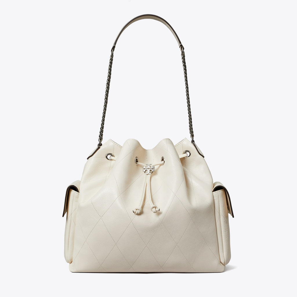 Tory Burch Large Charlie Quilted Drawstring Shoulder Bag - Light Cream - 4