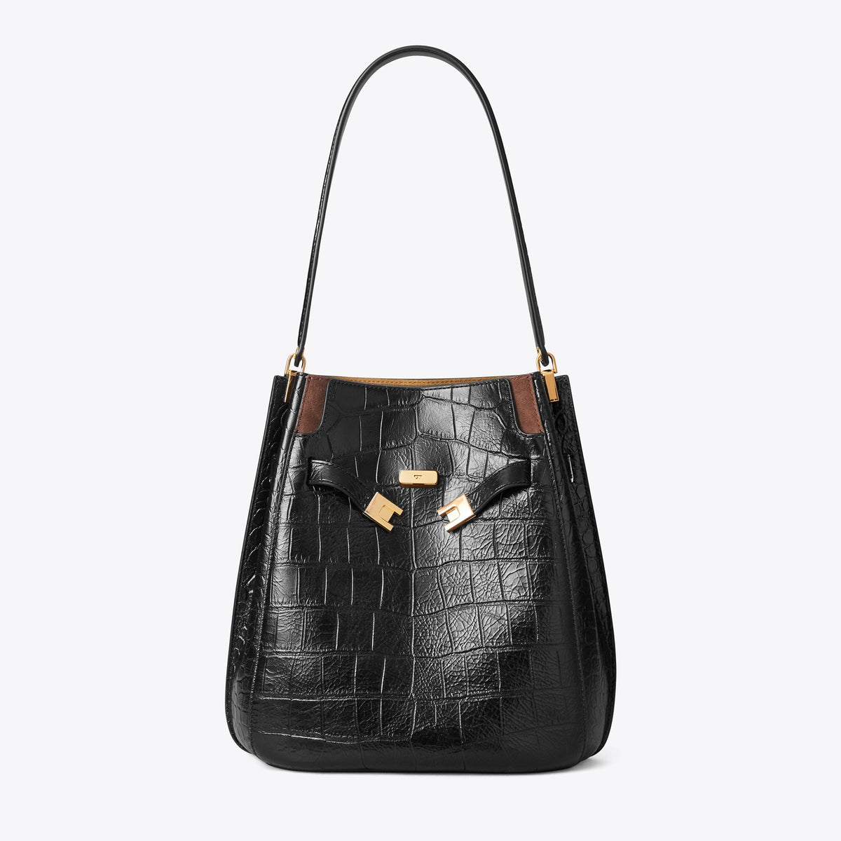 Tory Burch Lee Radziwill Croc-Embossed Bucket Bag - Black - 3