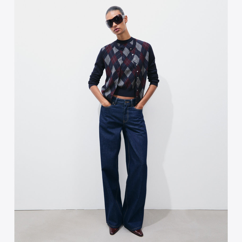 Tory Burch Merino Wool Argyle Cardigan - Navy Argyle - 3