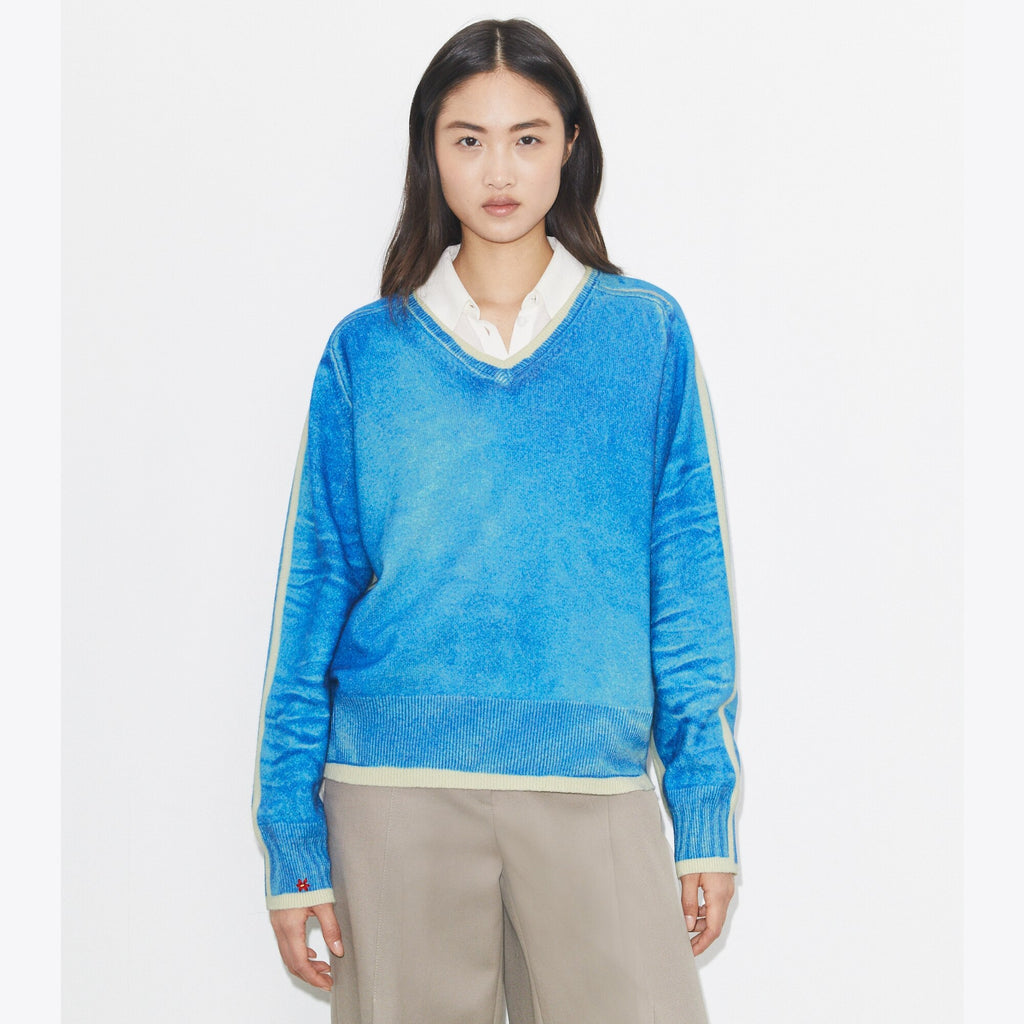 Tory Burch Merino Wool Sweater - Antique Travertine/ V-Neck Print - 2