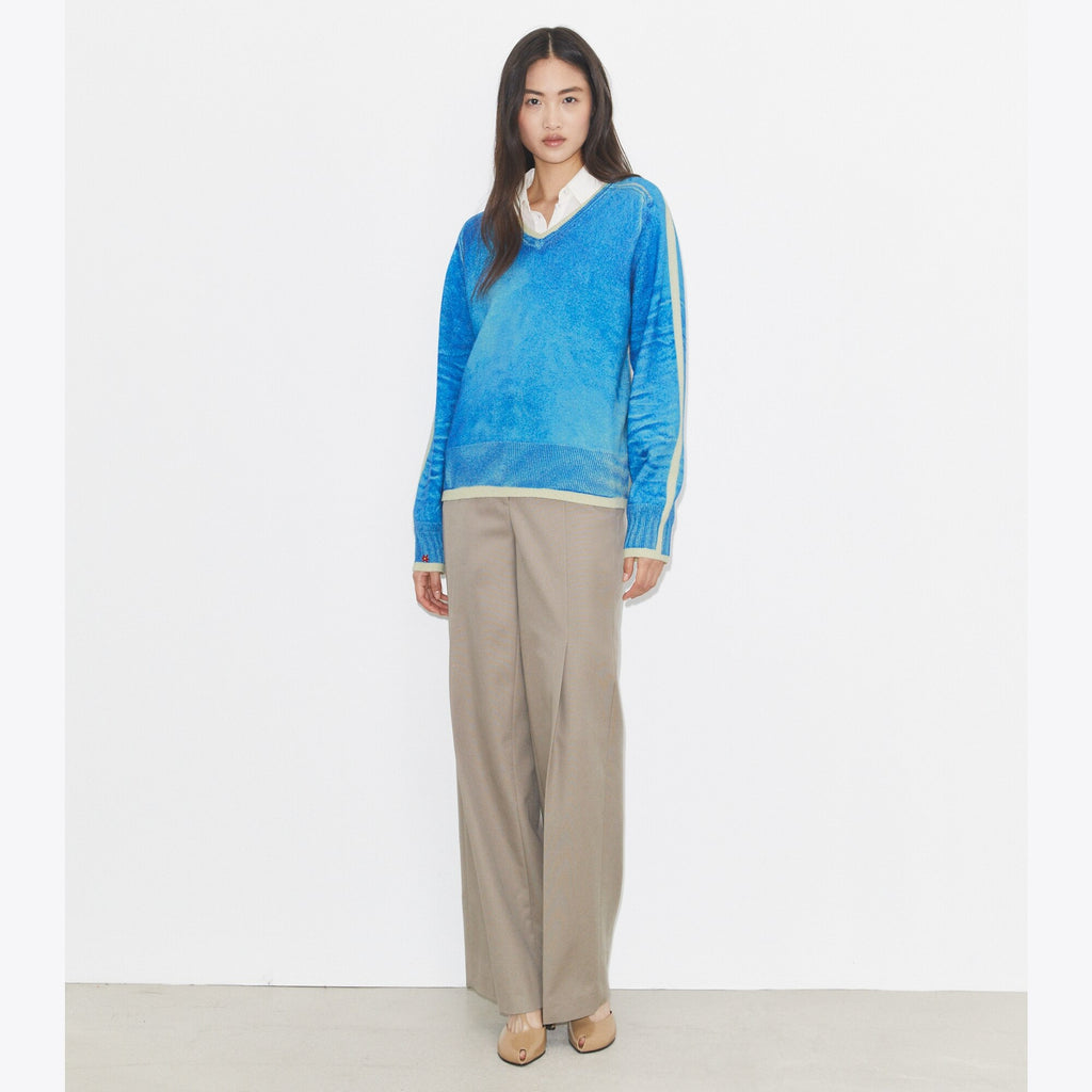 Tory Burch Merino Wool Sweater - Antique Travertine/ V-Neck Print - 3