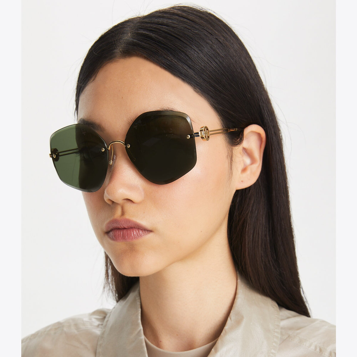 Tory Burch Miller Metal Geometric Sunglasses - Shiny Gold/Dark Green - 4