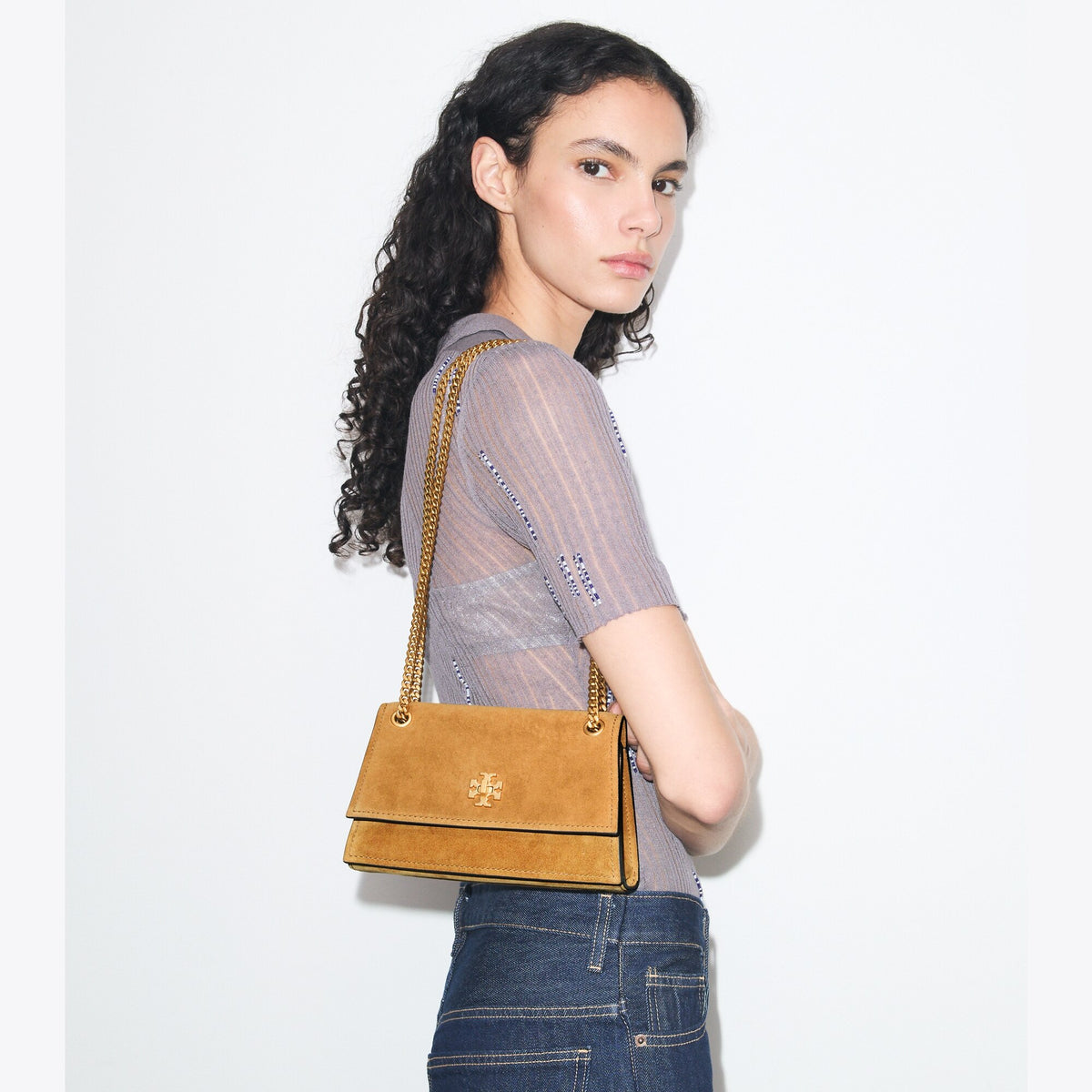 Tory Burch Mini Kira Turnlock Suede Shoulder Bag - Toffee - 2