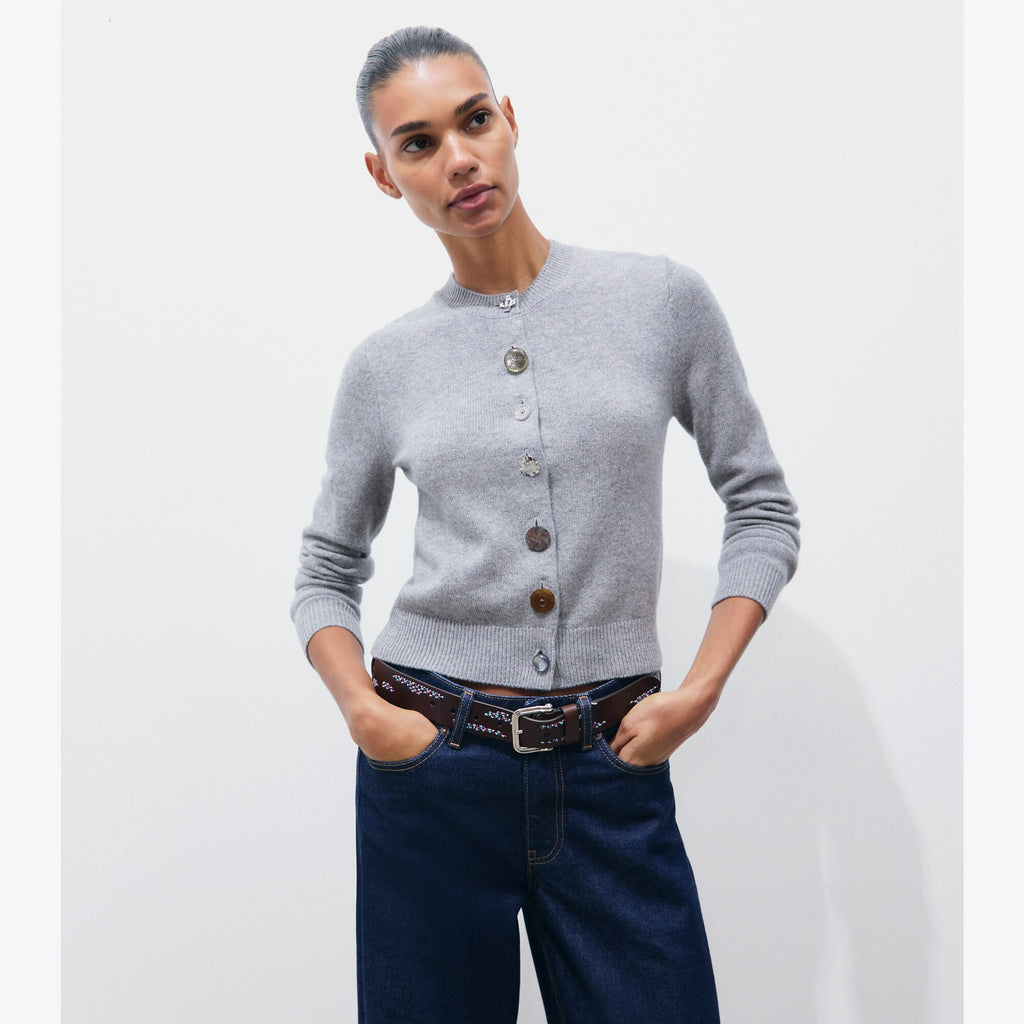 Tory Burch Mixed Button Cashmere Cardigan - Smoky Gray Melange - 2