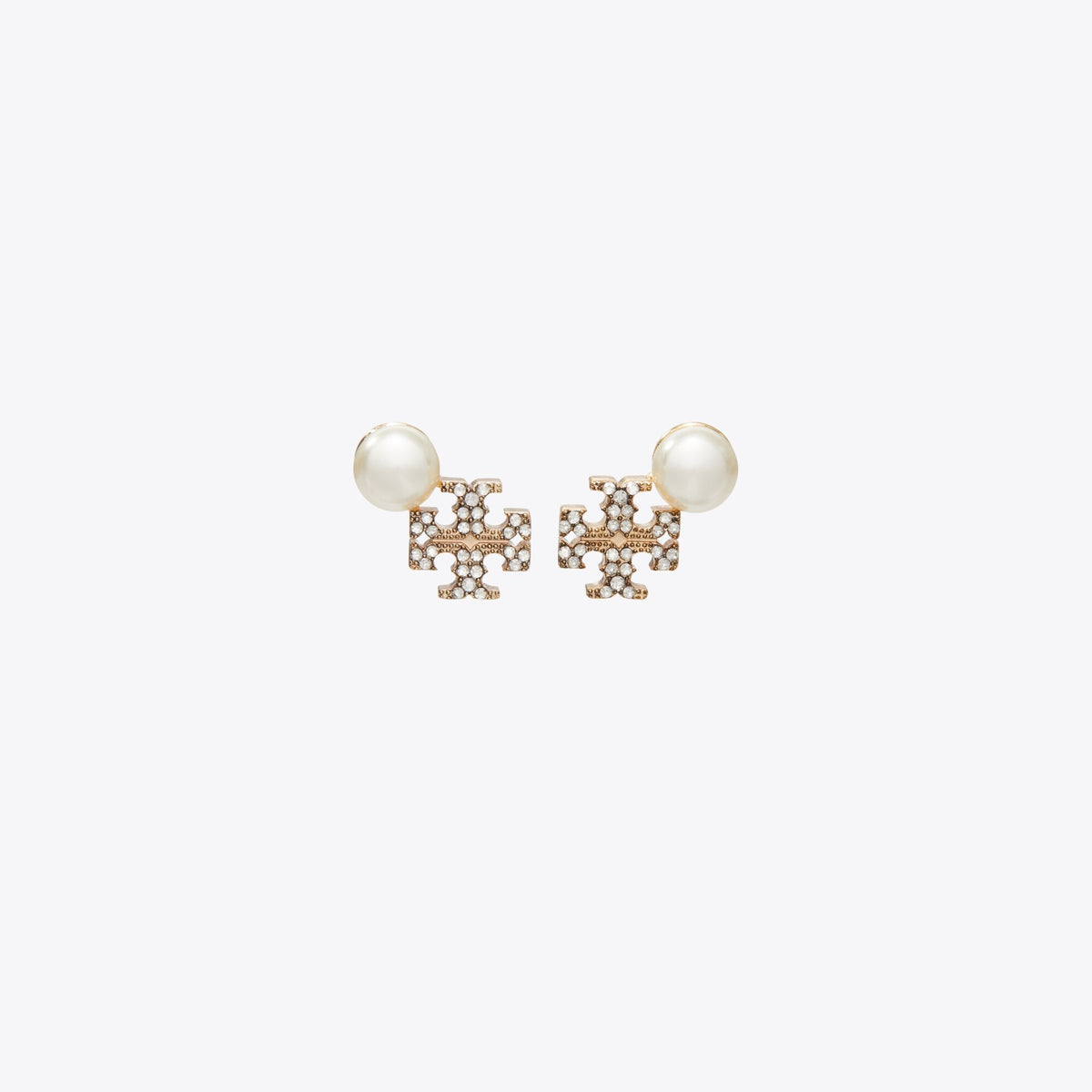 Tory Burch Moondance Logo and Pearl Stud Earrings - Tory Gold / Pearl / Crystal