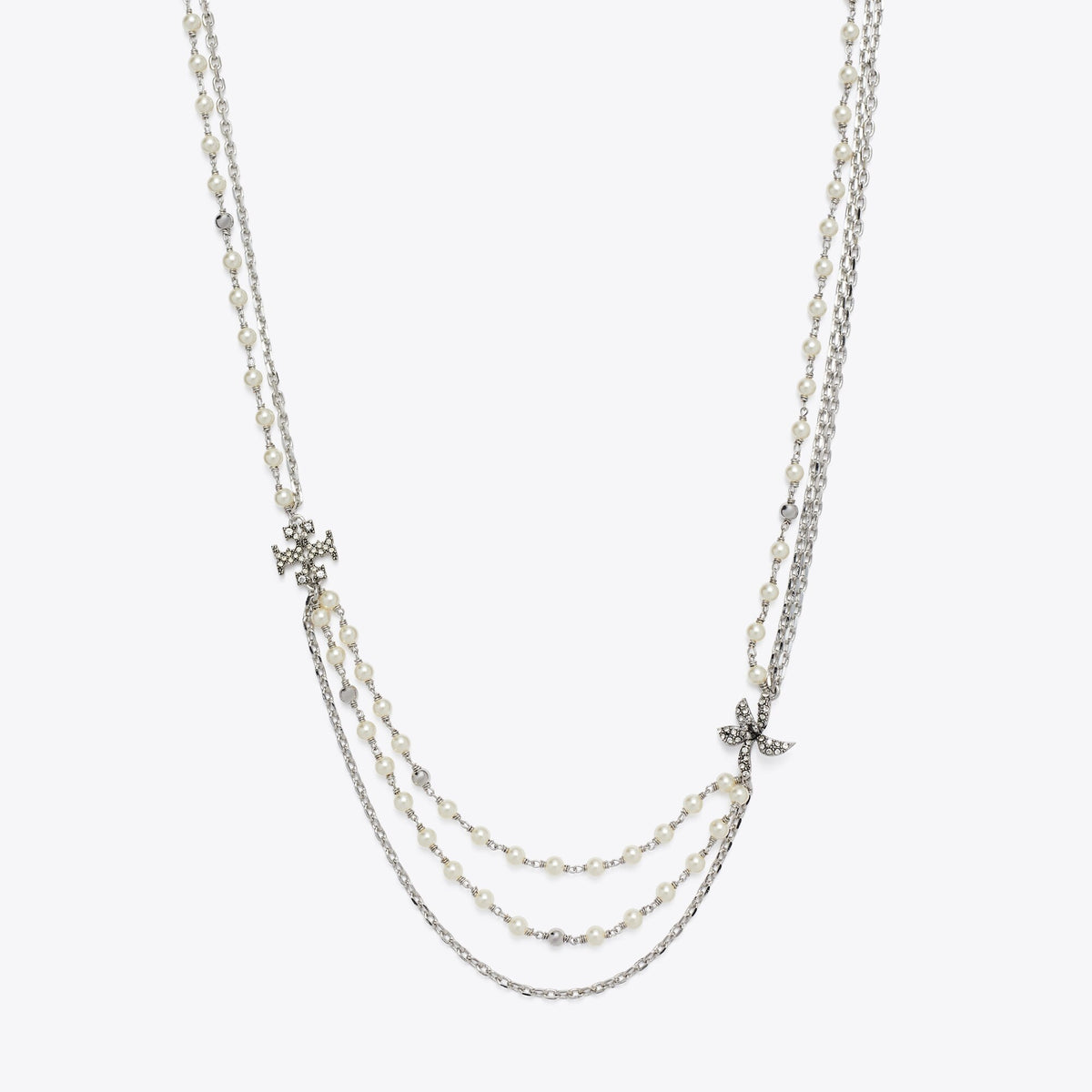 Tory Burch Moondance Multi Strand Pearl Necklace - Tory Silver / Pearl / Crystal - 2