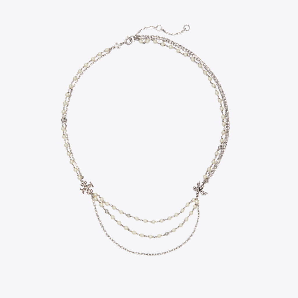 Tory Burch Moondance Multi Strand Pearl Necklace - Tory Silver / Pearl / Crystal