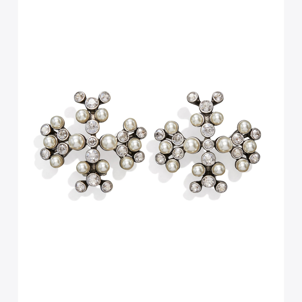 Tory Burch Moondance Pearl And Crystal Logo Earrings - Antique Tory Silver / Cream / Crystal - 4