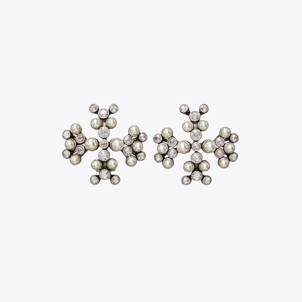 Tory Burch Moondance Pearl And Crystal Logo Earrings - Antique Tory Silver / Cream / Crystal