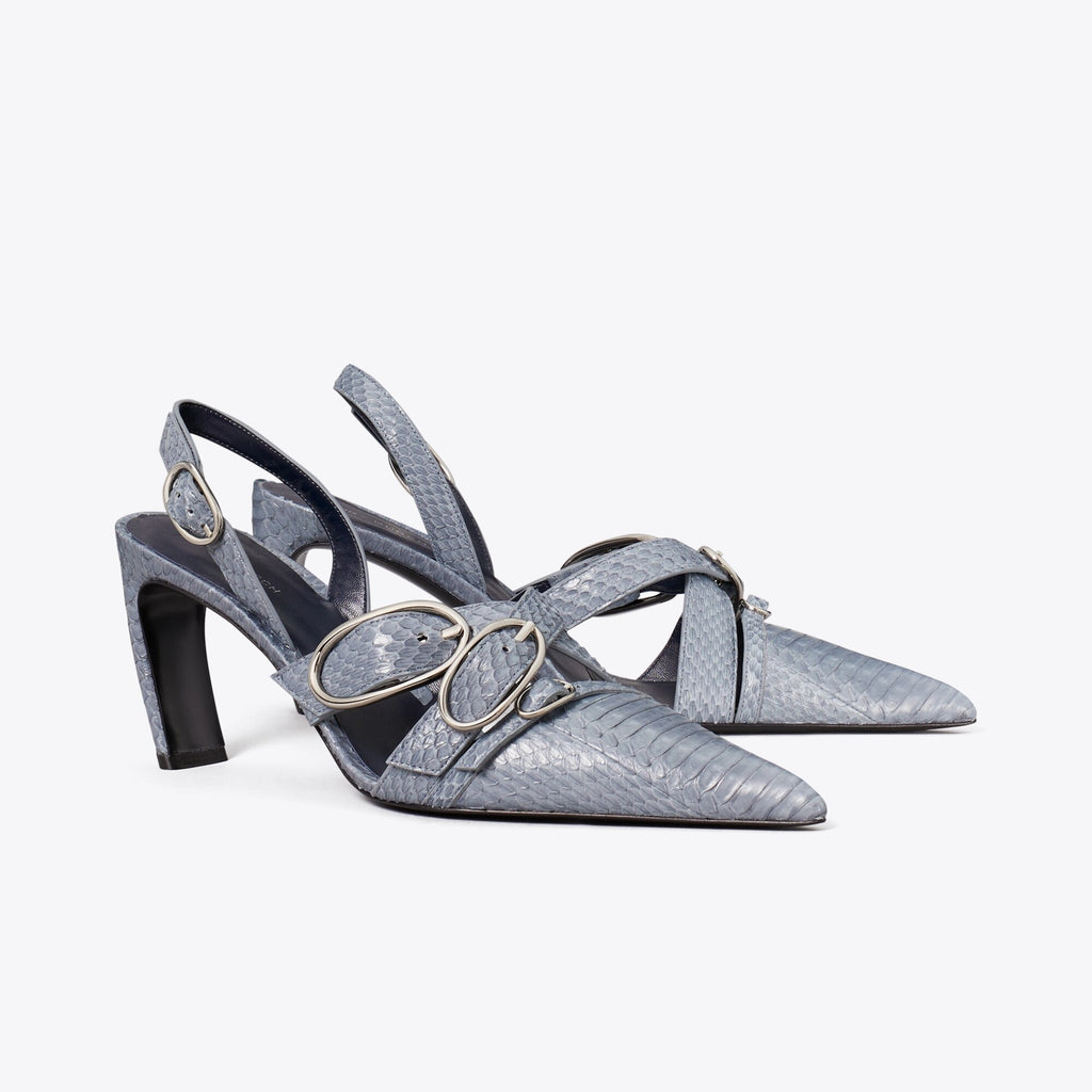 Tory Burch Multi Buckle Slingback - Dusky Blue / Silver