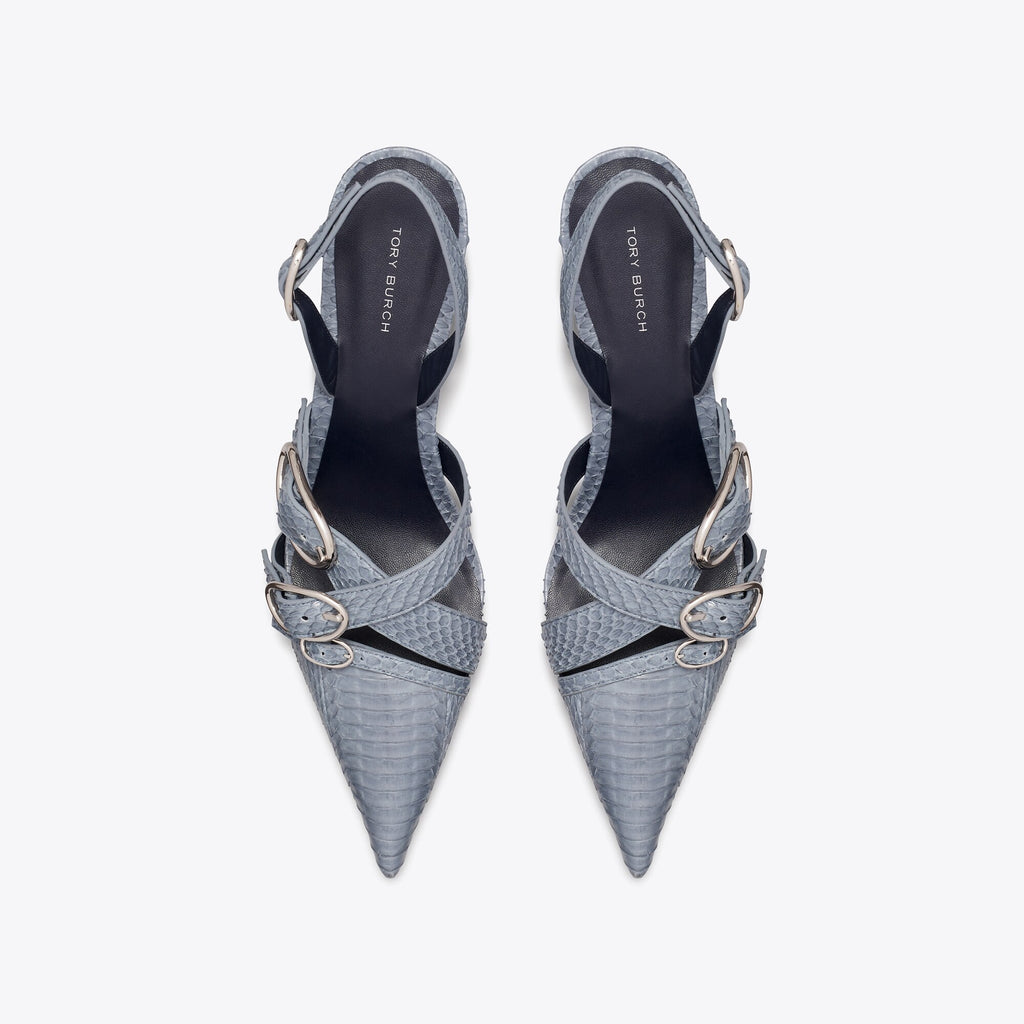 Tory Burch Multi Buckle Slingback - Dusky Blue / Silver - 5