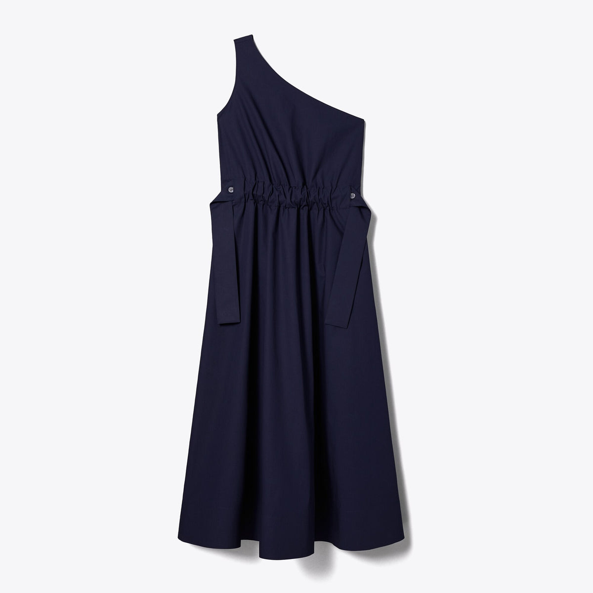Tory Burch One-Shoulder Belted Cotton Dress - Medium Navy
