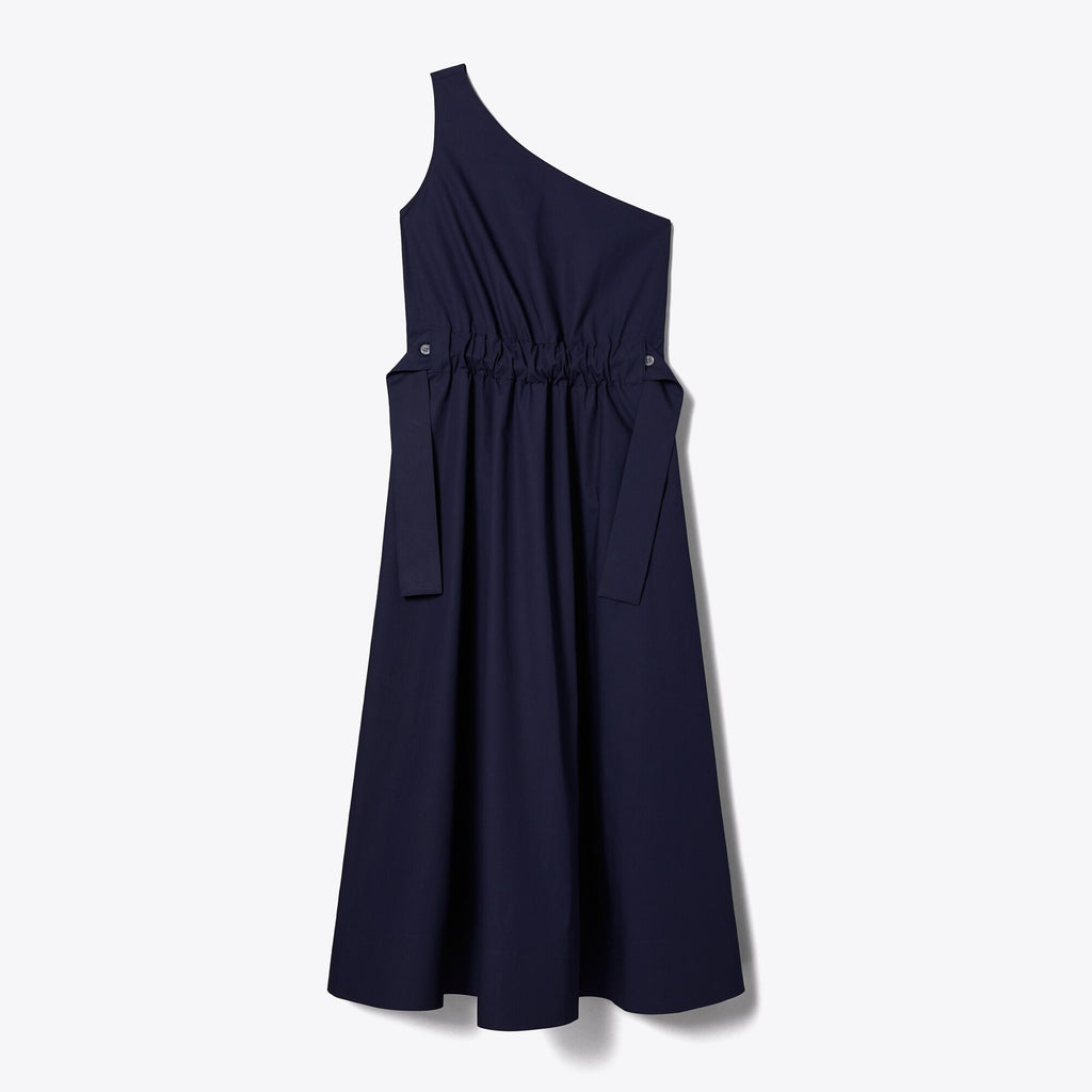Tory Burch One-Shoulder Belted Cotton Dress - Medium Navy