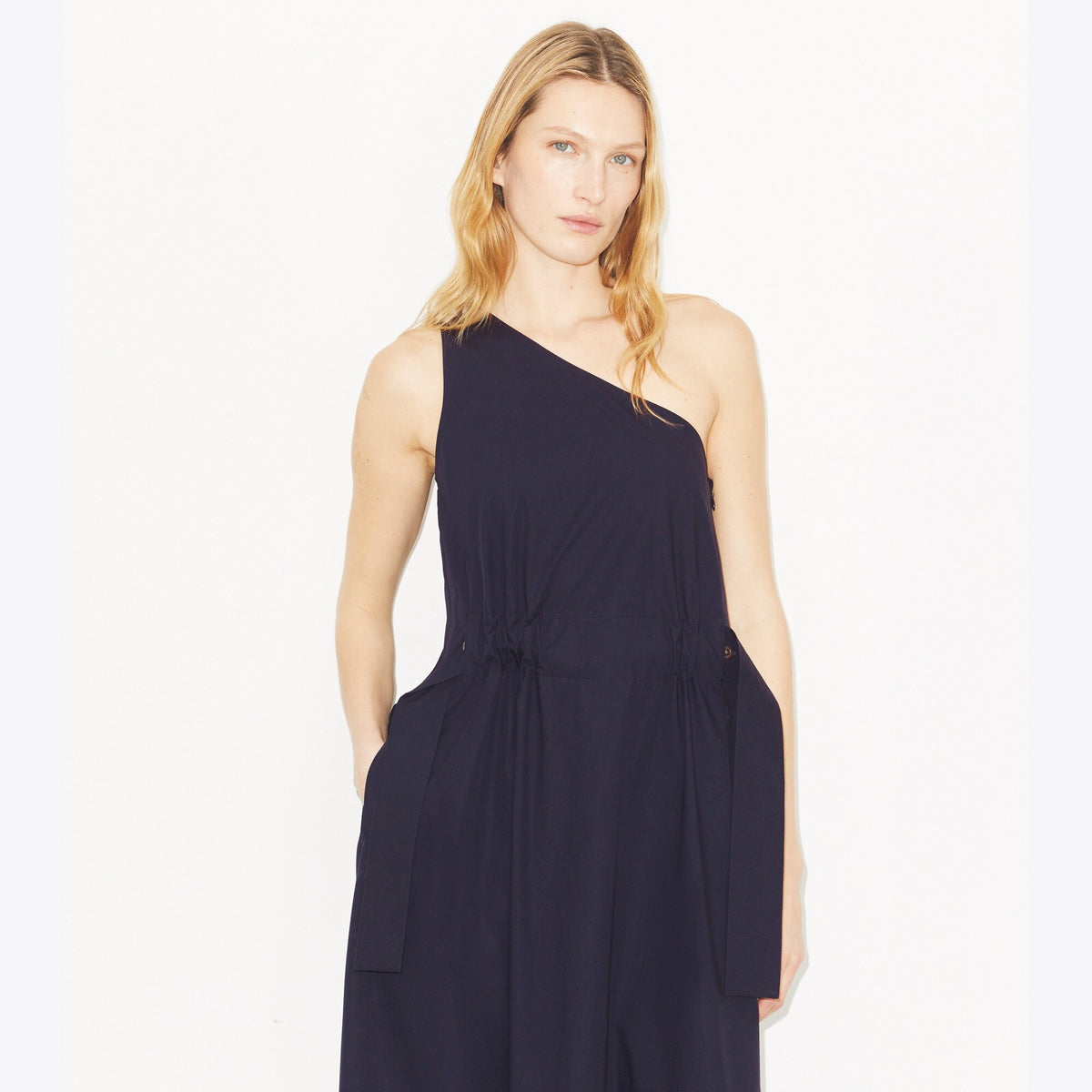 Tory Burch One-Shoulder Belted Cotton Dress - Medium Navy - 5