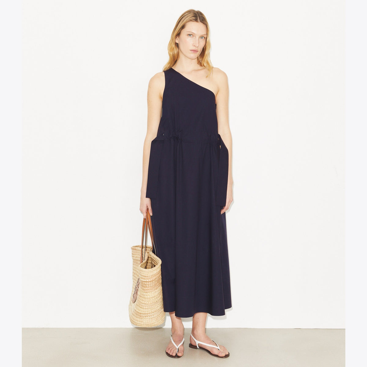 Tory Burch One-Shoulder Belted Cotton Dress - Medium Navy - 2