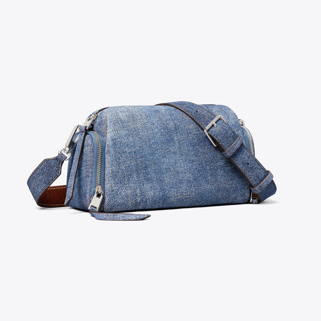 Tory Burch Perry Denim-Print Suede Voyager Crossbody Bag - Blue Jean