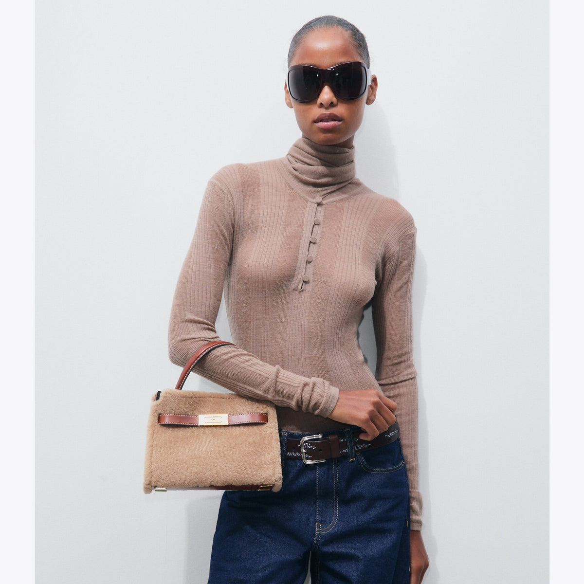 Tory Burch Petite Lee Radziwill Shearling Double Bag - Teddy - 2