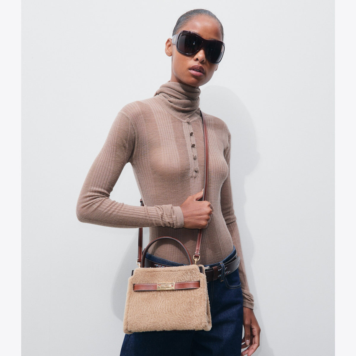 Tory Burch Petite Lee Radziwill Shearling Double Bag - Teddy - 3