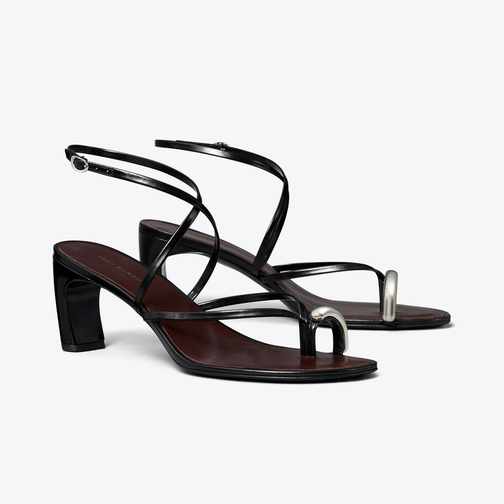 Tory Burch Pierced Multi-Strap Heeled Sandal - Perfect Black / Silver
