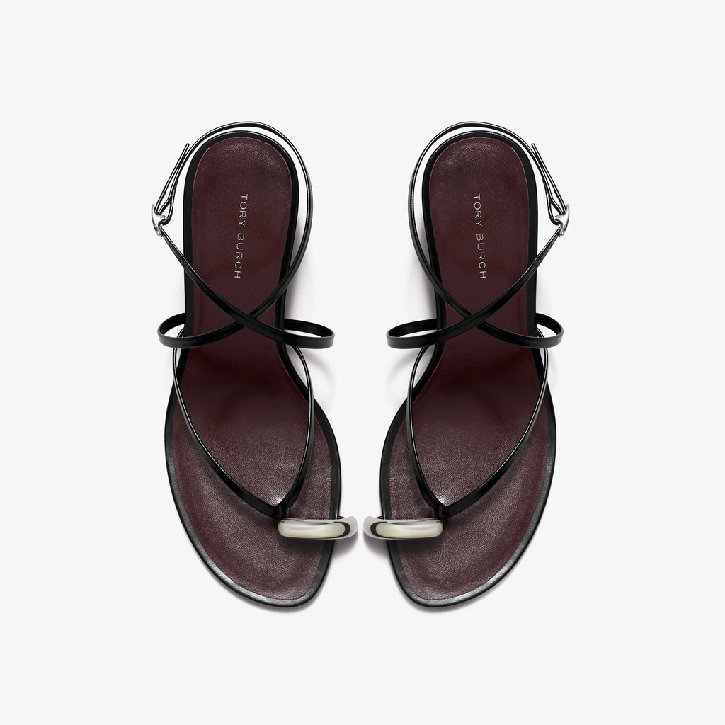 Tory Burch Pierced Multi-Strap Heeled Sandal - Perfect Black / Silver - 5