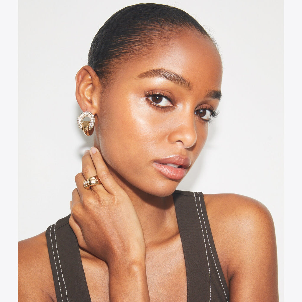 Tory Burch Pierced Pavé Hoop Earrings - Light Brass / Crystal - 3