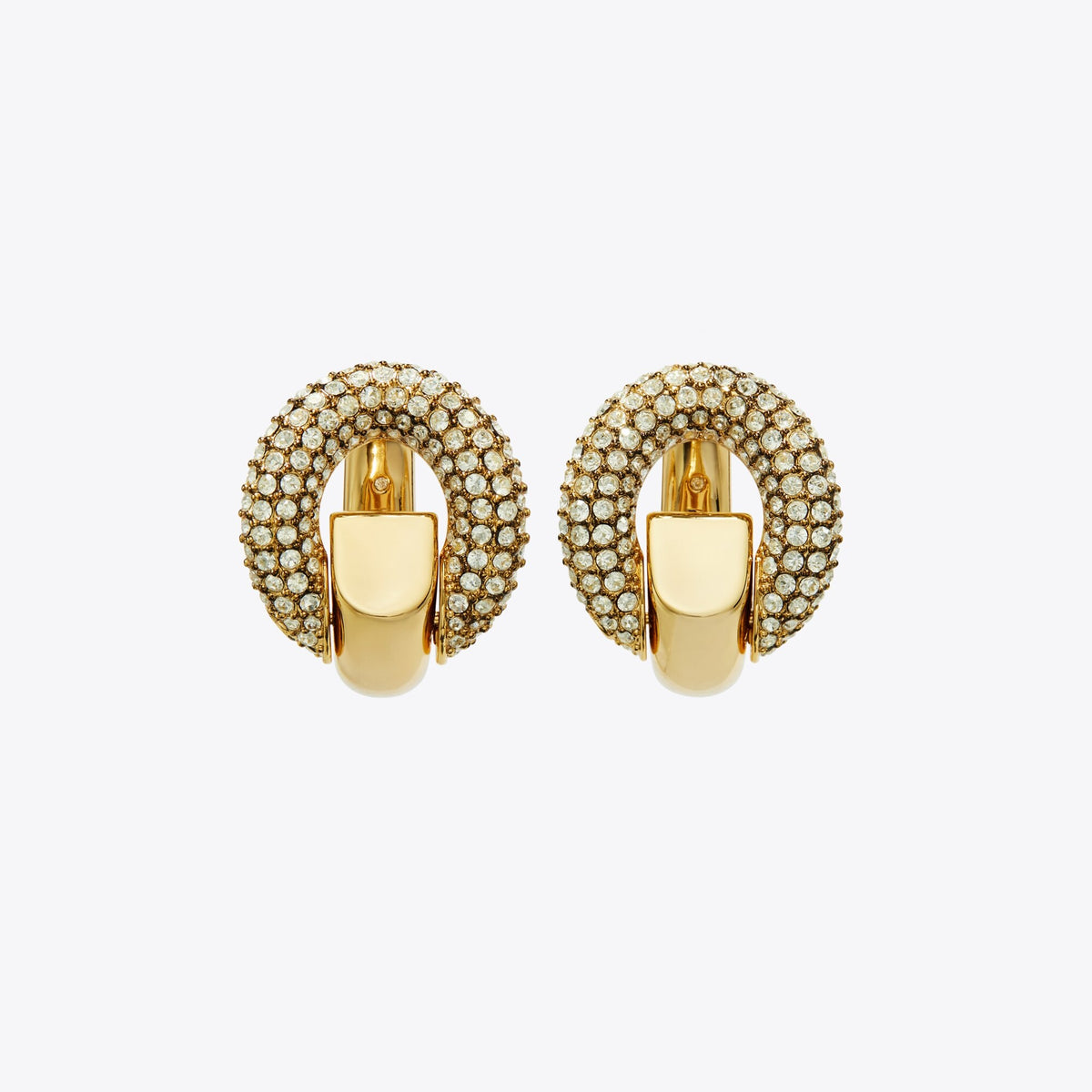 Tory Burch Pierced Pavé Hoop Earrings - Light Brass / Crystal