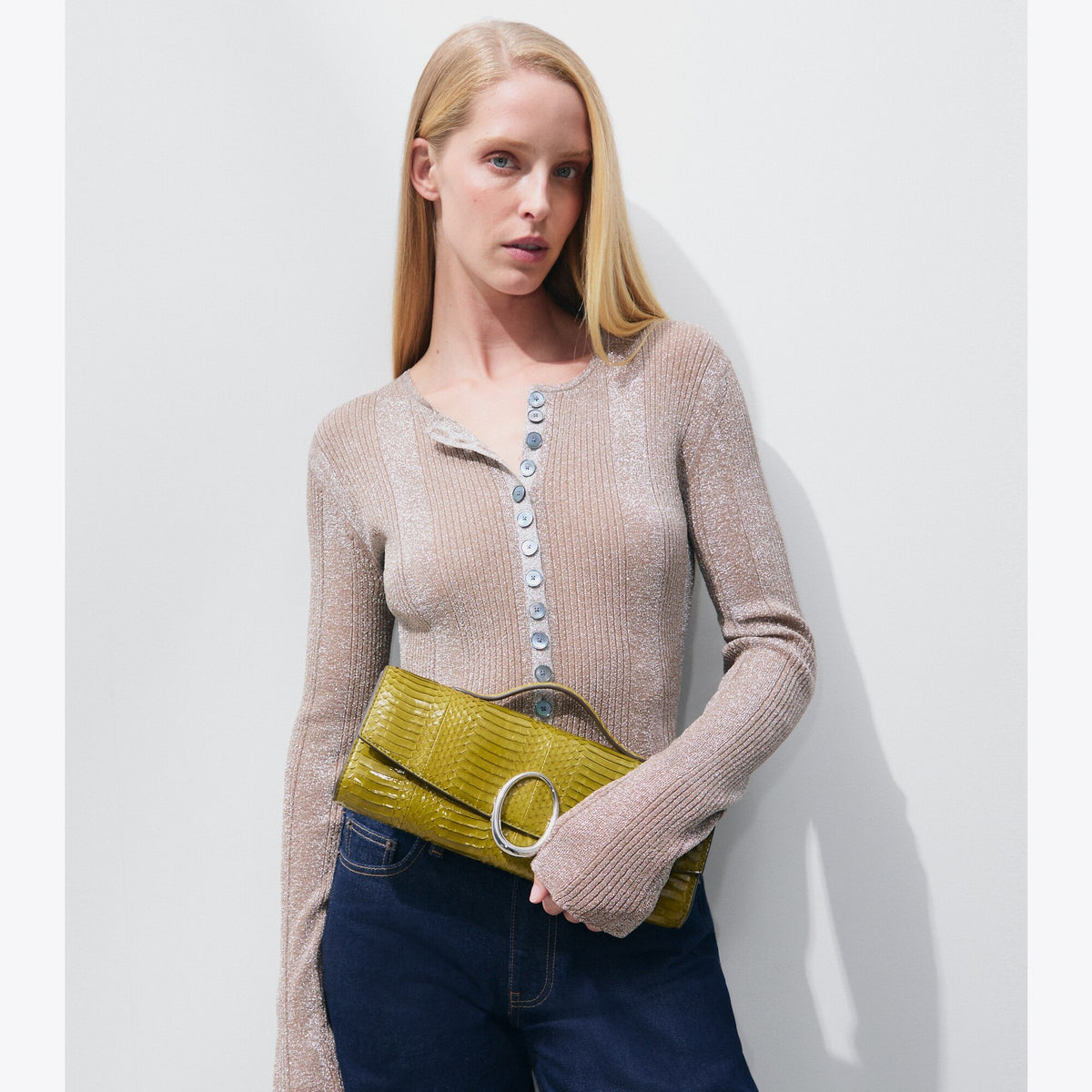 Tory Burch Pierced Snake Clutch - Moss - 3
