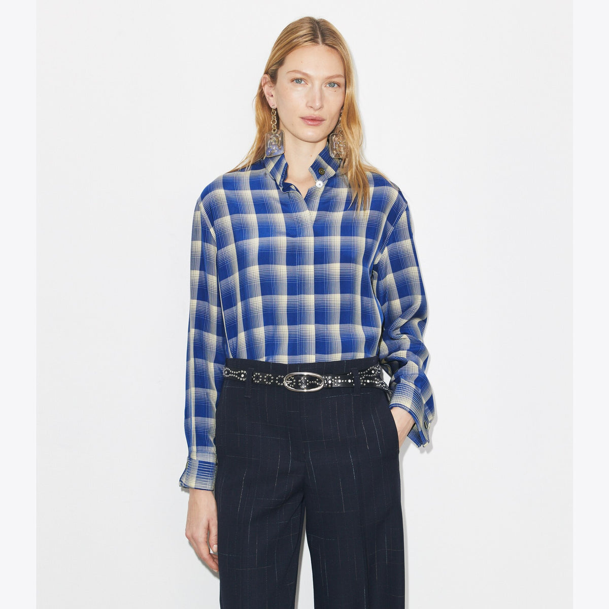 Tory Burch Plaid Viscose Shirt - Blue / Ivory - 2