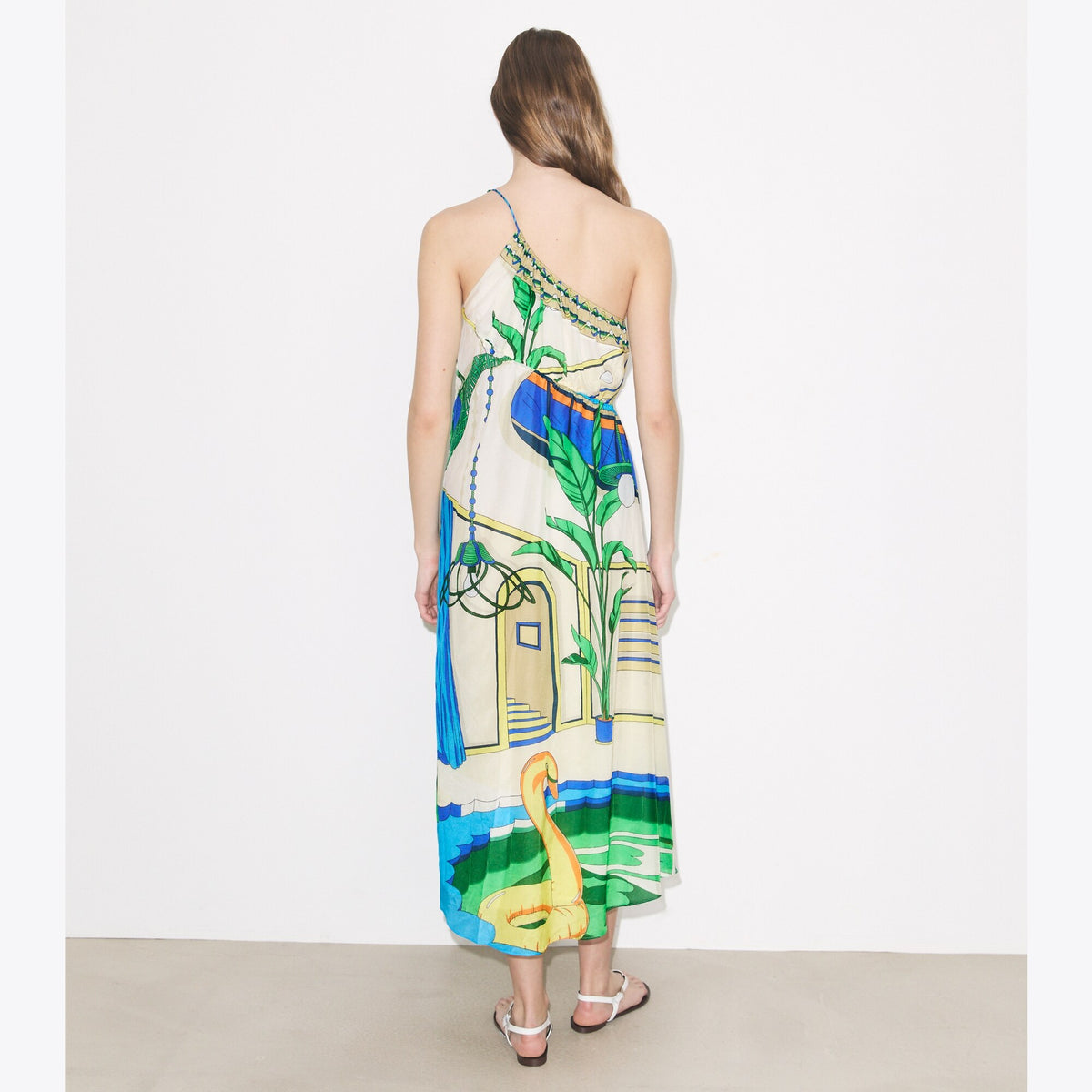 Tory Burch Printed One-Shoulder Cotton Dress - The Pool Blue - 3