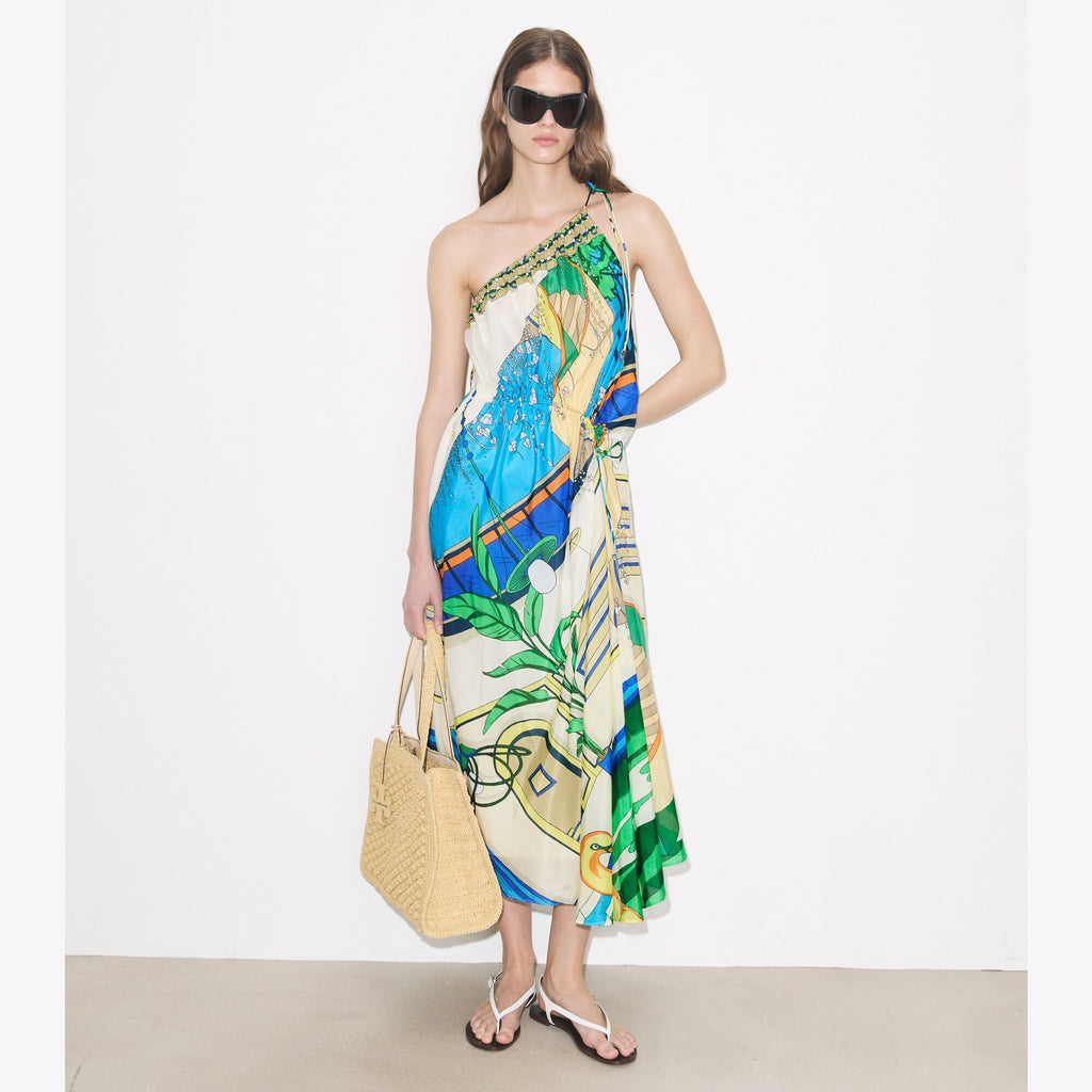Tory Burch Printed One-Shoulder Cotton Dress - The Pool Blue - 2