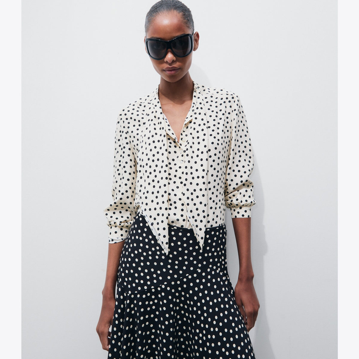 Tory Burch Printed Silk Bow Blouse - Cream Dot - 2