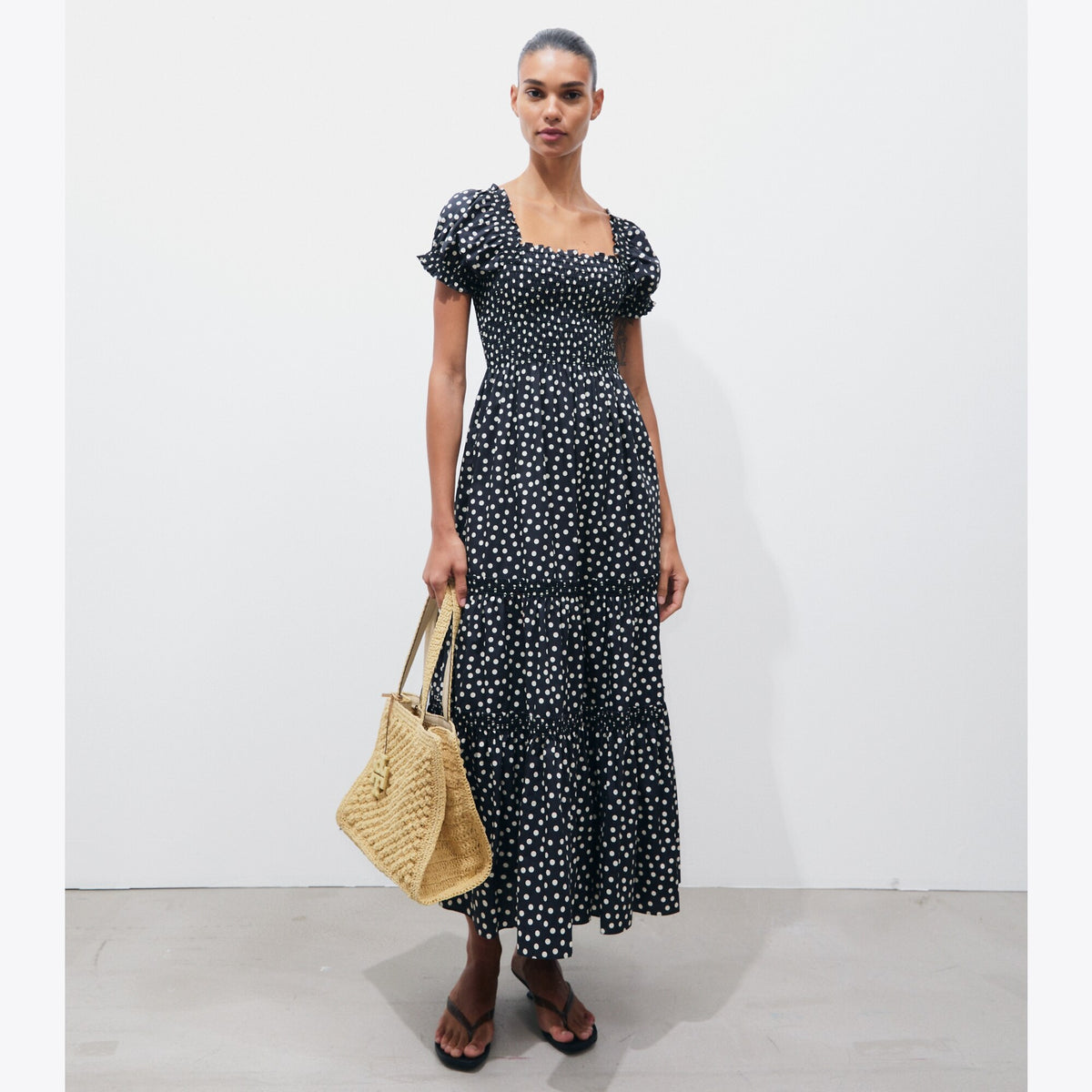 Tory Burch Printed Smocked Dress - Black Dot - 2