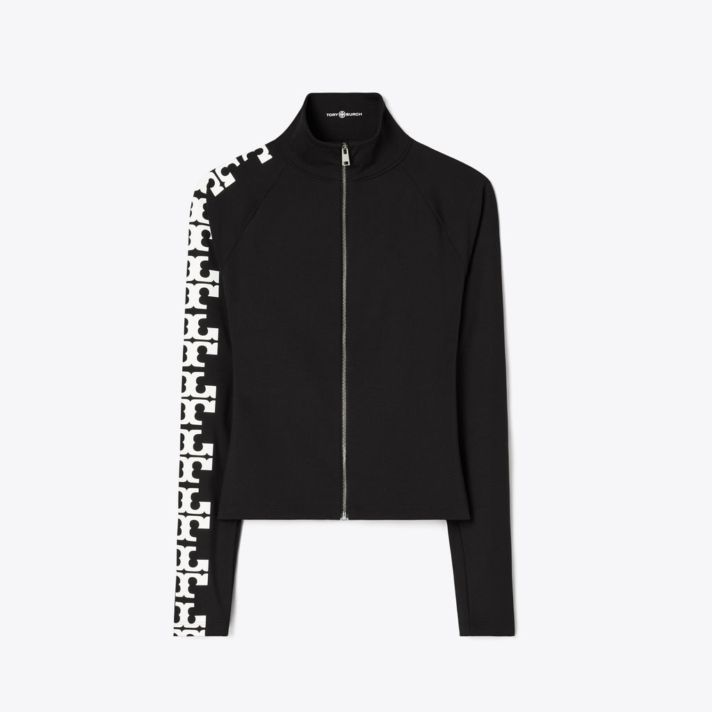 Tory Burch Reflective Nylon Logo Zip Top - Black