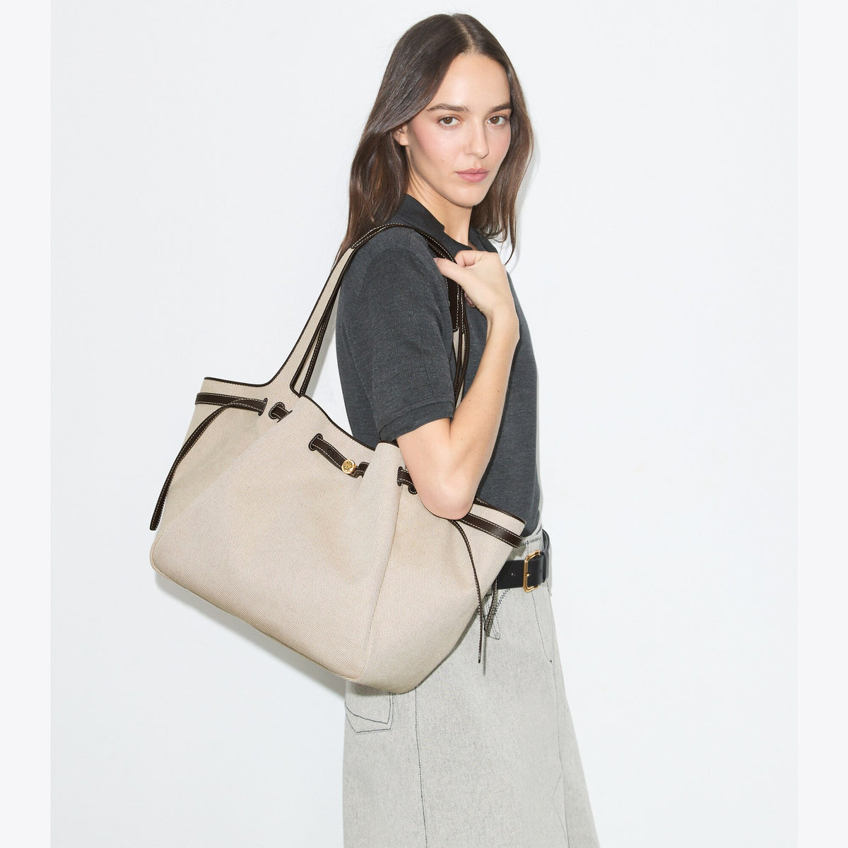 Tory Burch Romy Canvas Tote - Dusty Almond/ Bianco White - 2