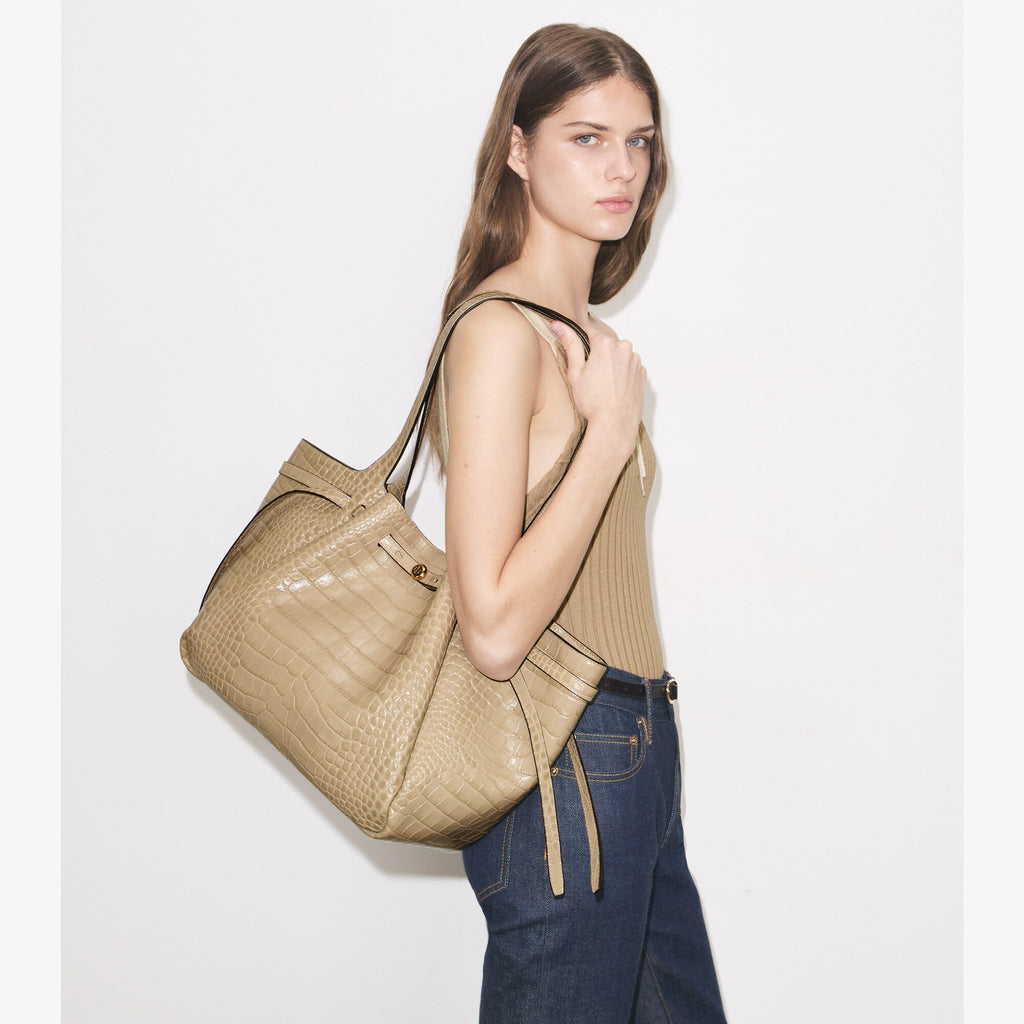 Tory Burch Romy Croc-Embossed Tote - Light Hickory - 2