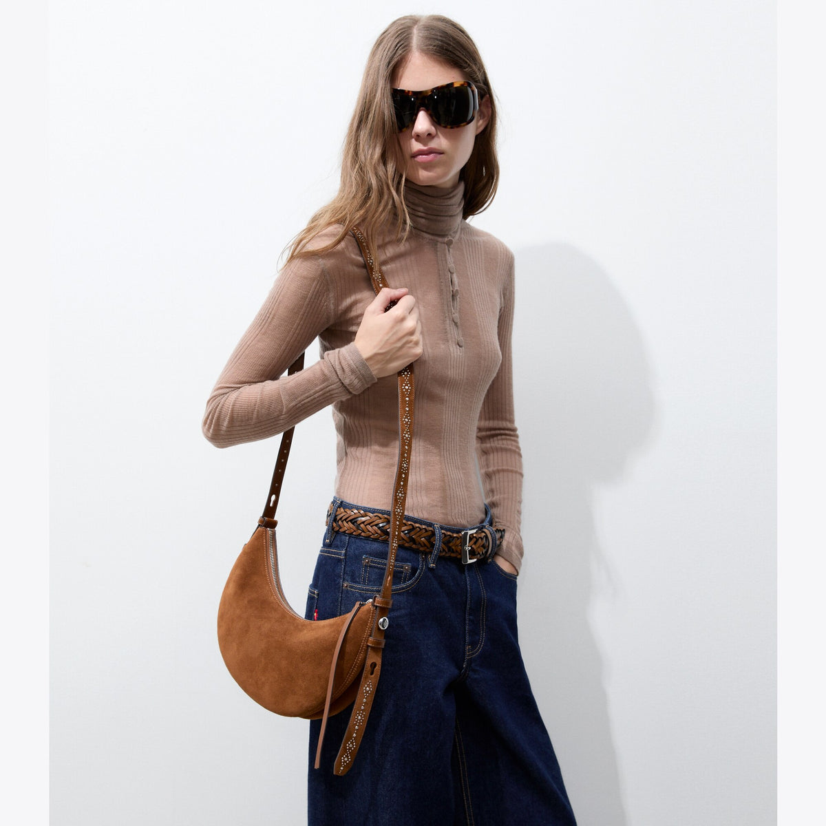 Tory Burch Romy Studded Suede Half Moon Bag - Caramel - 3