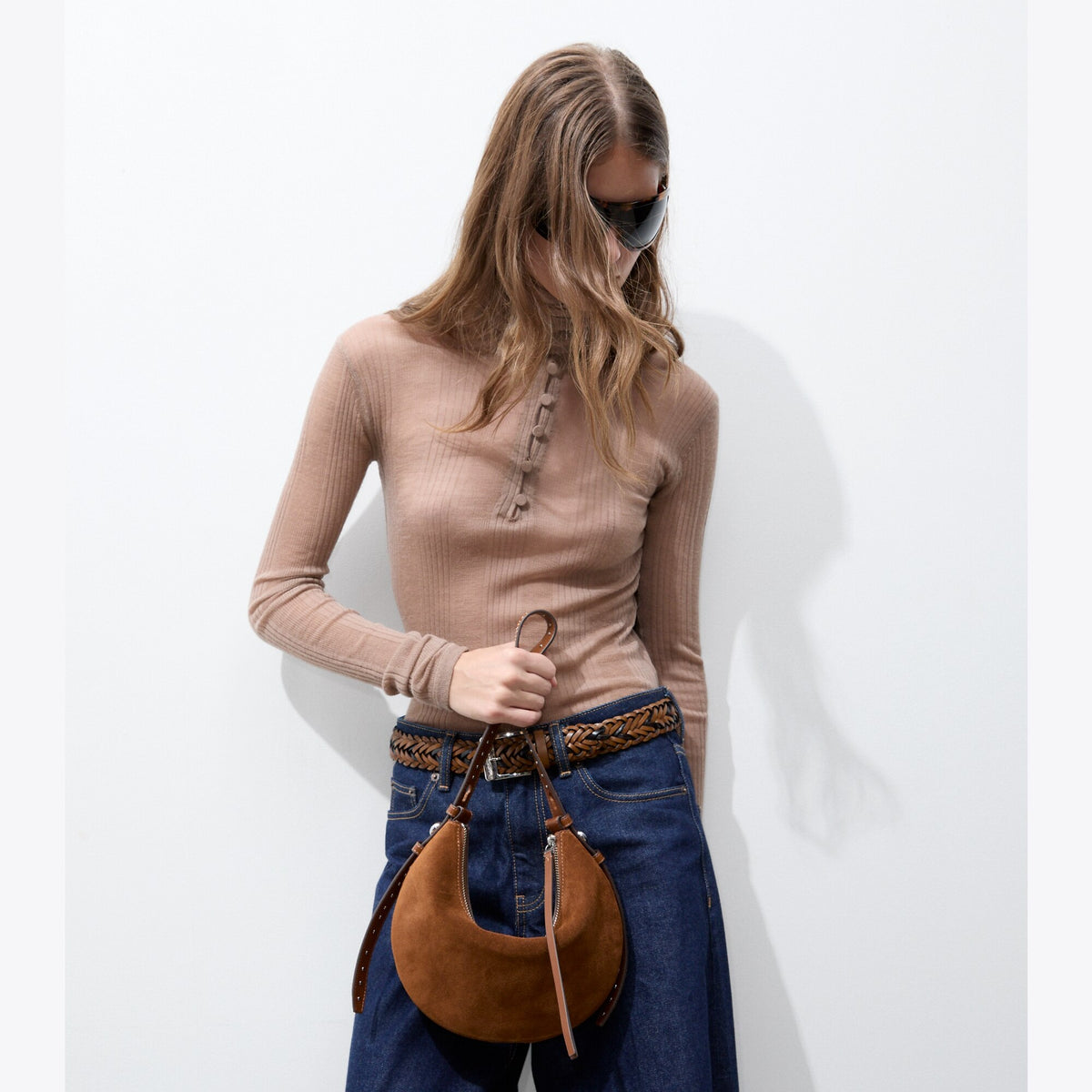Tory Burch Romy Studded Suede Half Moon Bag - Caramel - 8