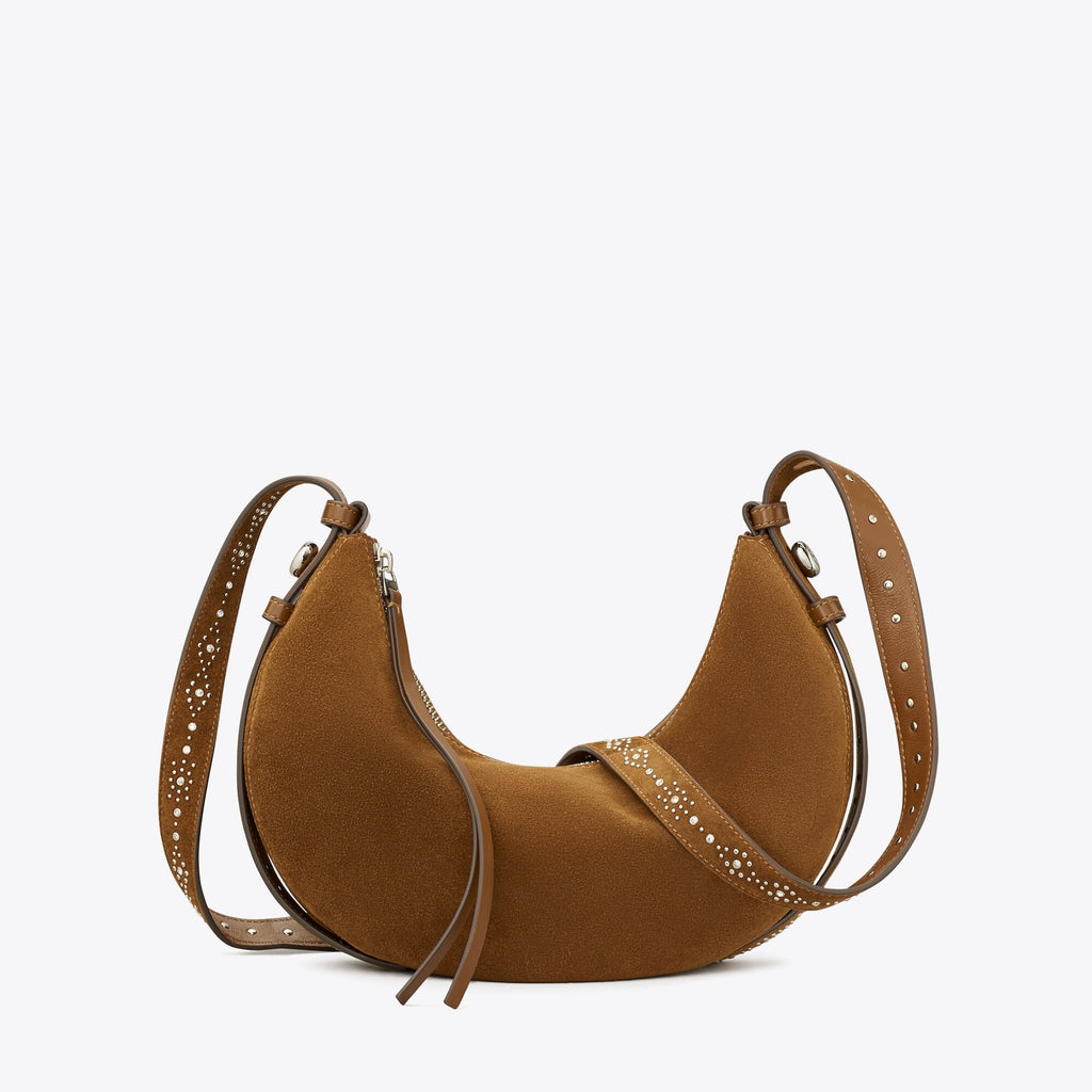 Tory Burch Romy Studded Suede Half Moon Bag - Caramel - 7