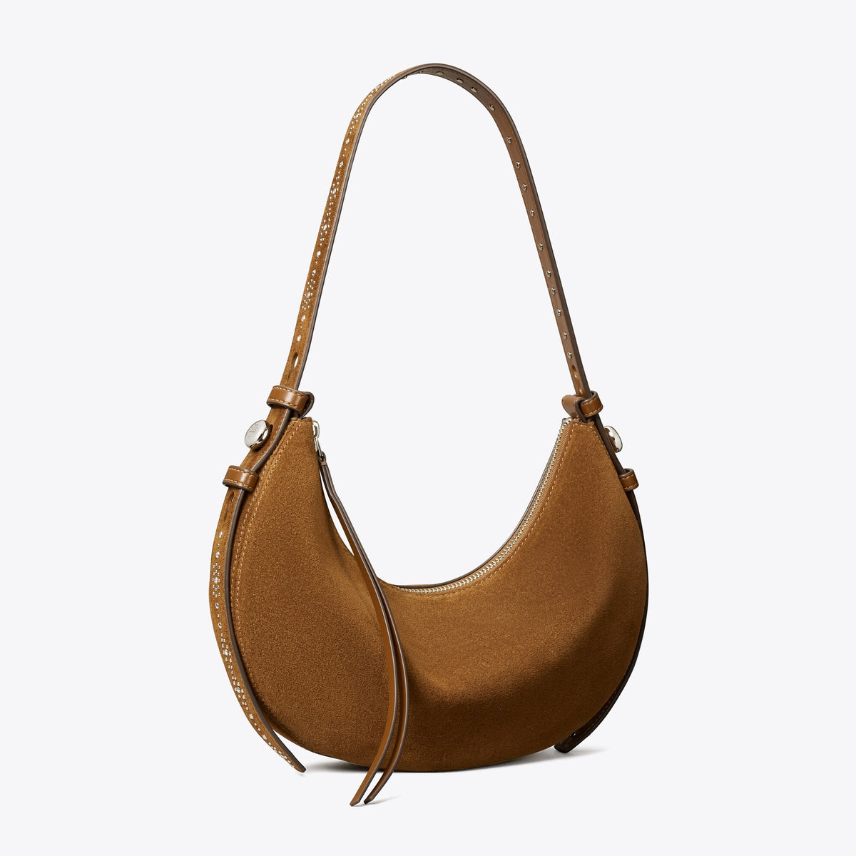 Tory Burch Romy Studded Suede Half Moon Bag - Caramel