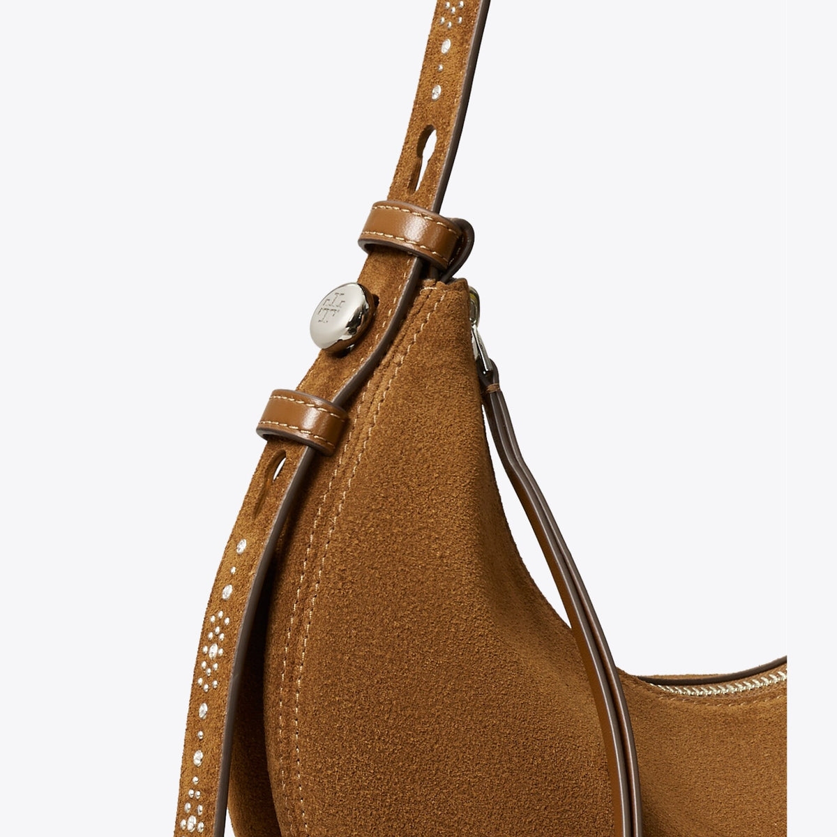 Tory Burch Romy Studded Suede Half Moon Bag - Caramel - 5