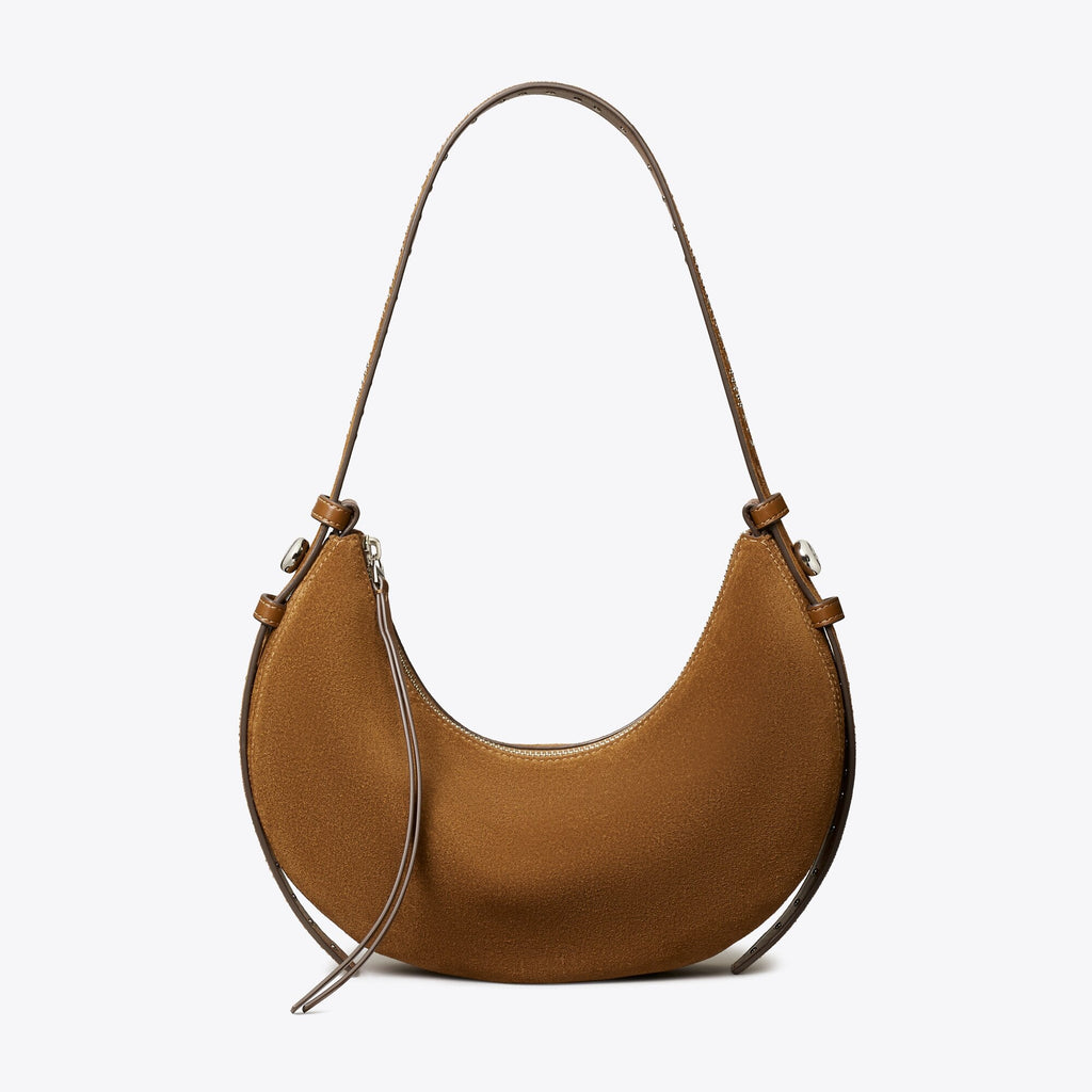 Tory Burch Romy Studded Suede Half Moon Bag - Caramel - 4