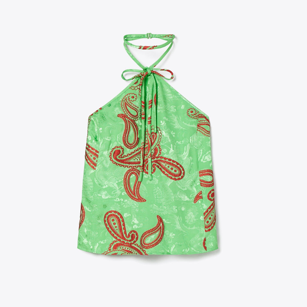 Tory Burch Satin Paisley Knot Top - Green/Red