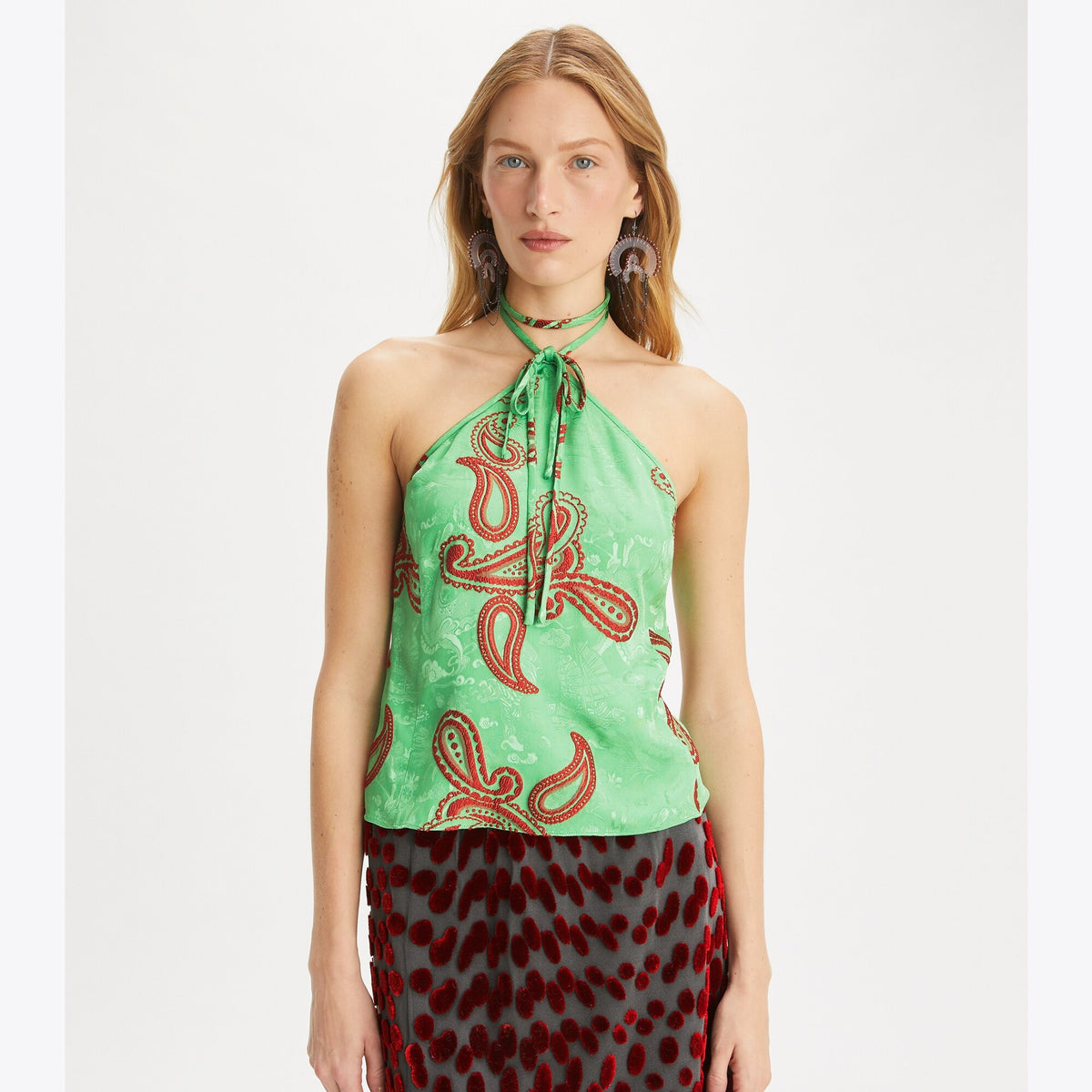 Tory Burch Satin Paisley Knot Top - Green/Red - 2