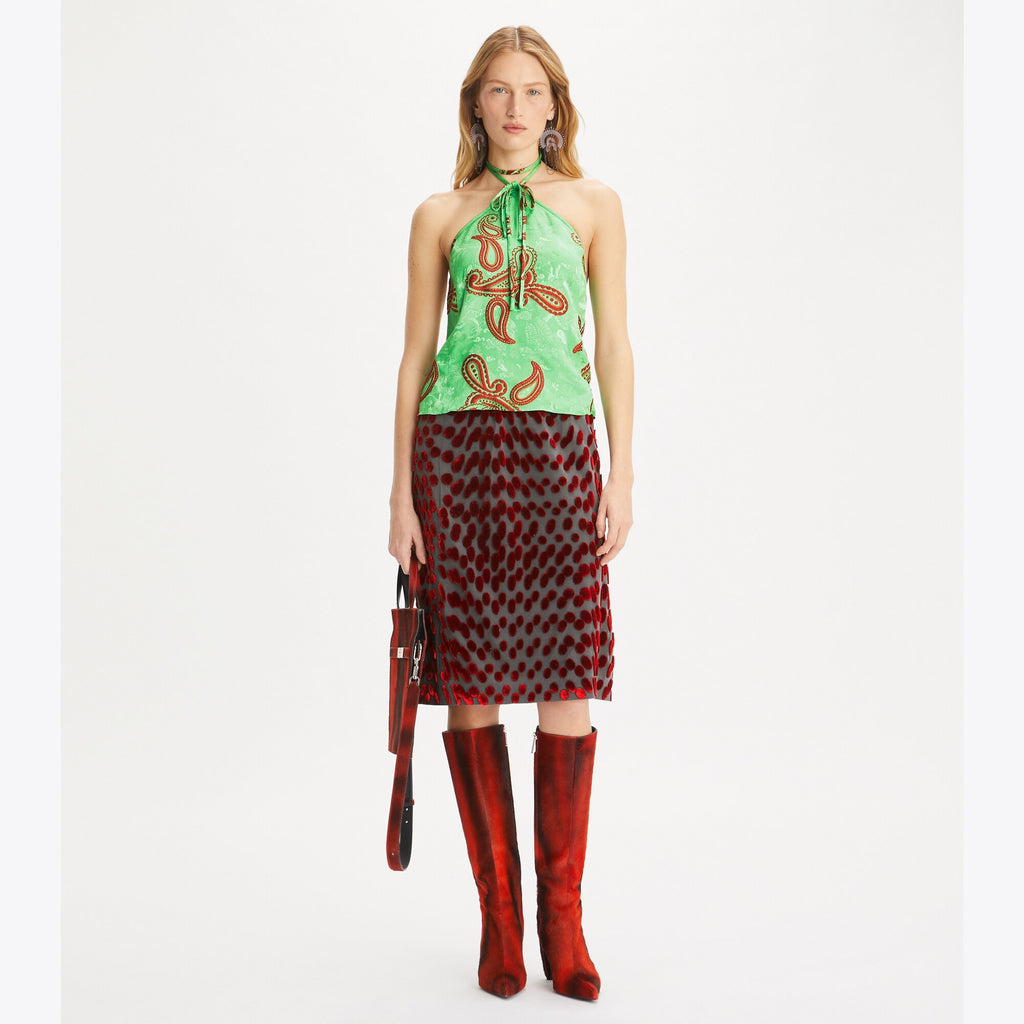 Tory Burch Satin Paisley Knot Top - Green/Red - 3