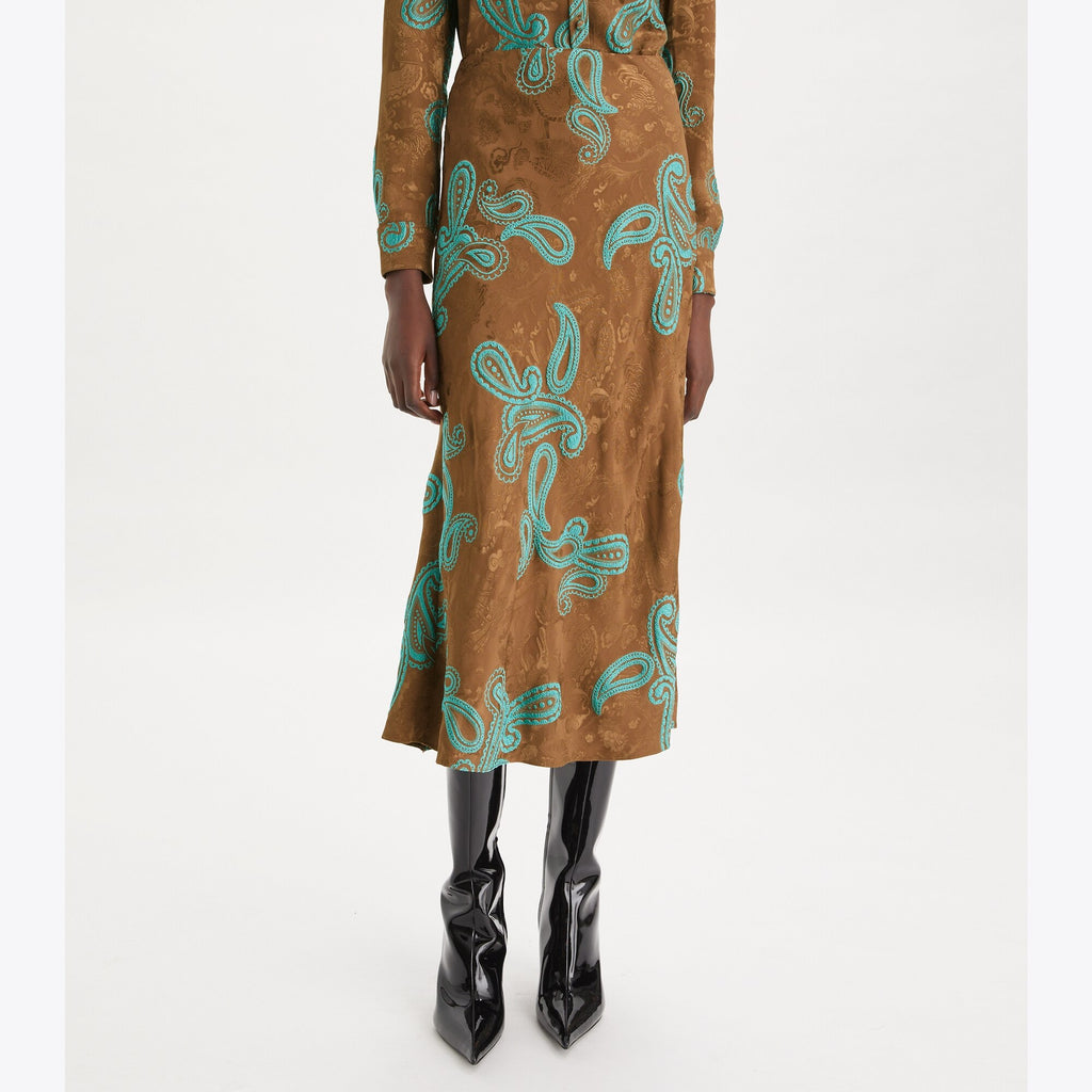 Tory Burch Satin Paisley Skirt - Aqua Stone/Smoked Peppercorn - 5