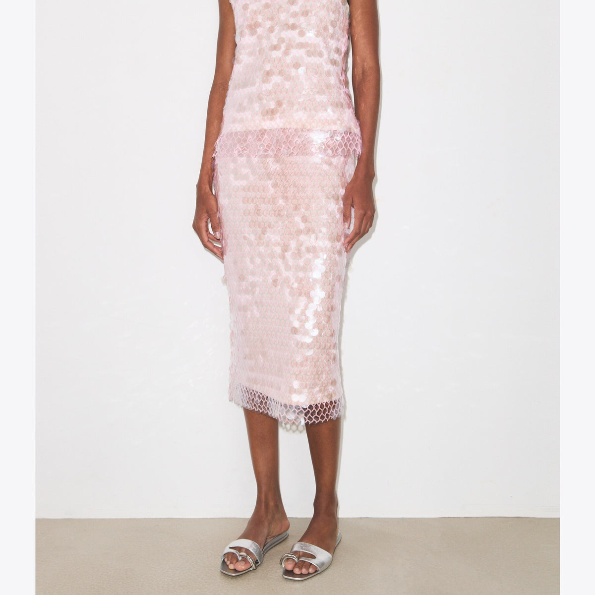 Tory Burch Sequin Mesh Skirt - Snow White / Light Pink - 5