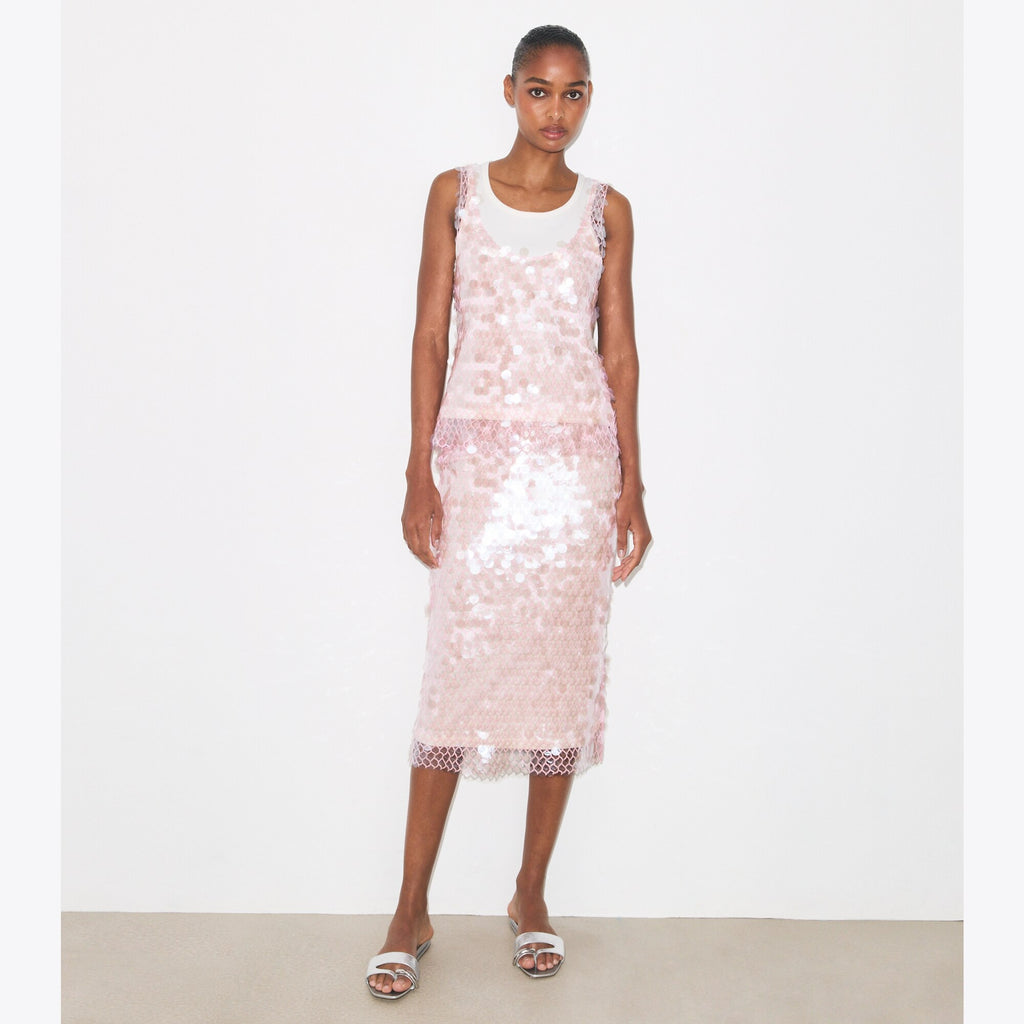 Tory Burch Sequin Mesh Skirt - Snow White / Light Pink - 2